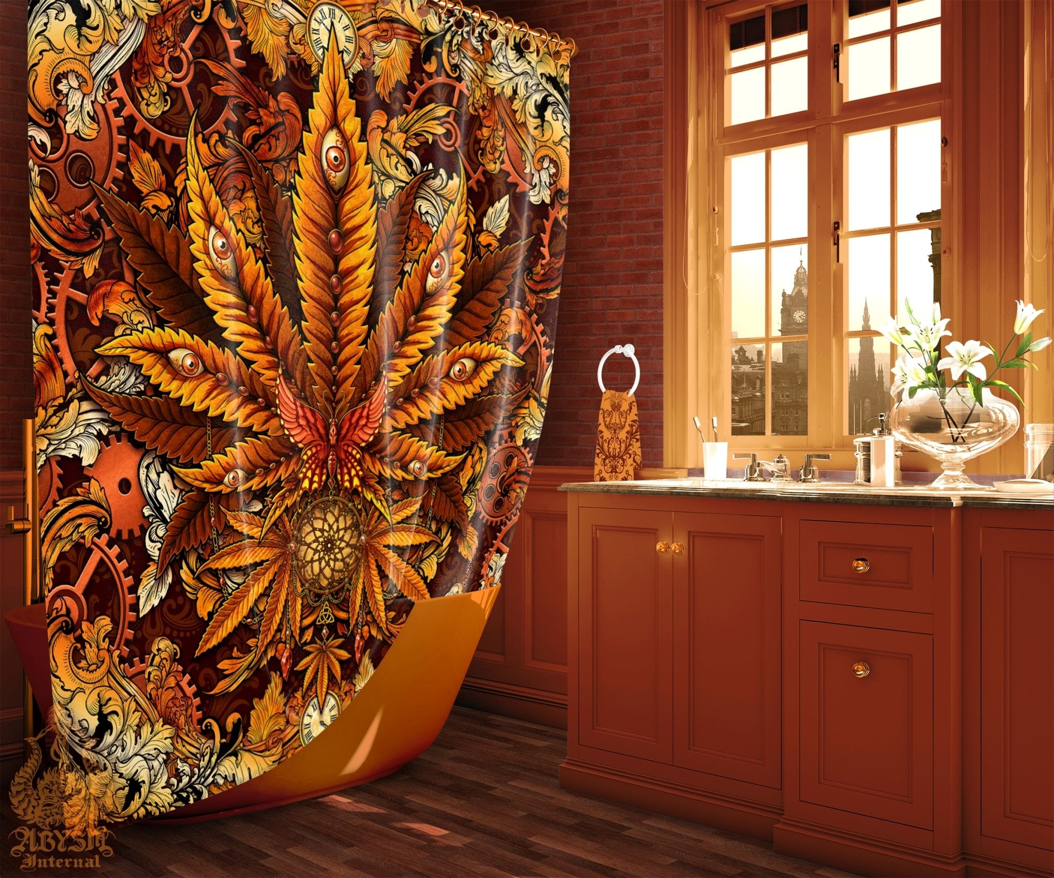 Weed Shower Curtain, Hippie Bathroom Decor, Indie Cannabis Print, 420 Home Art - Marijuana, Steampunk - Abysm Internal