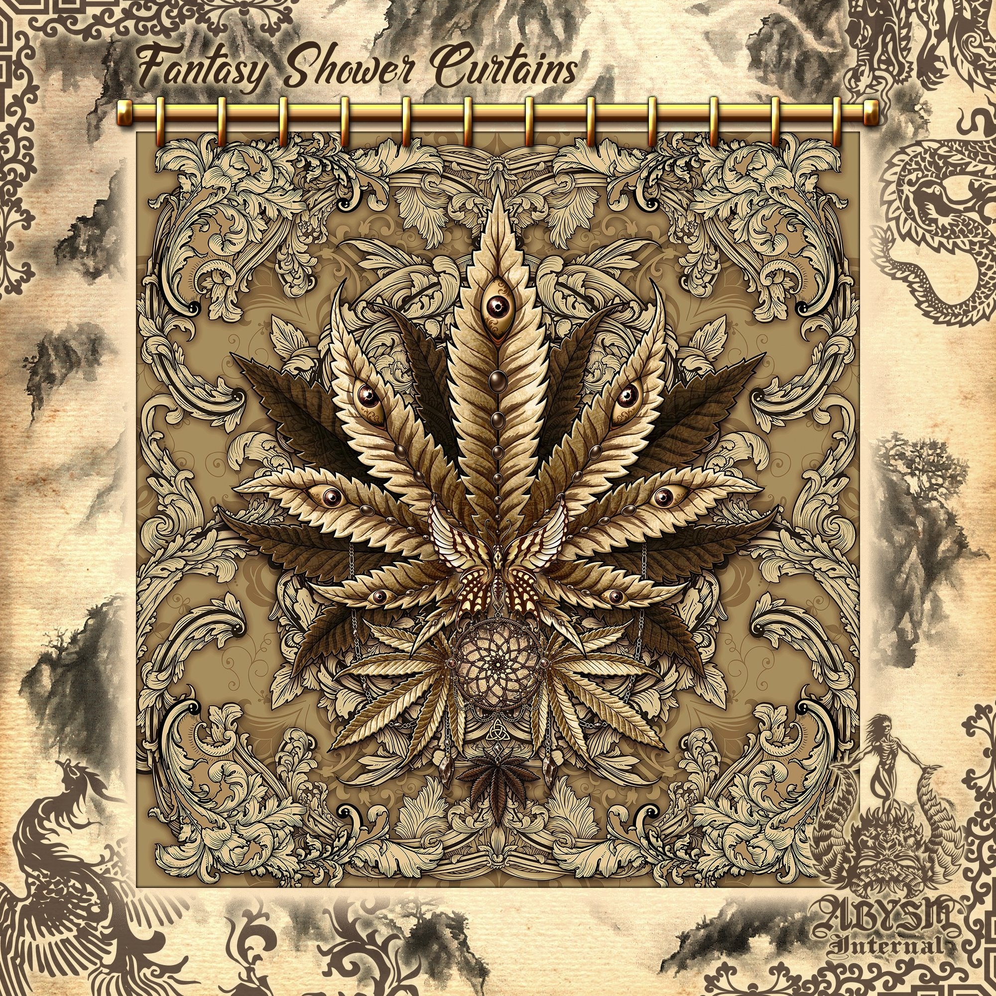 Weed Shower Curtain, Indie Bathroom Decor, Cannabis Print, Hippie 420 Home Art - Marijuana, Cream - Abysm Internal