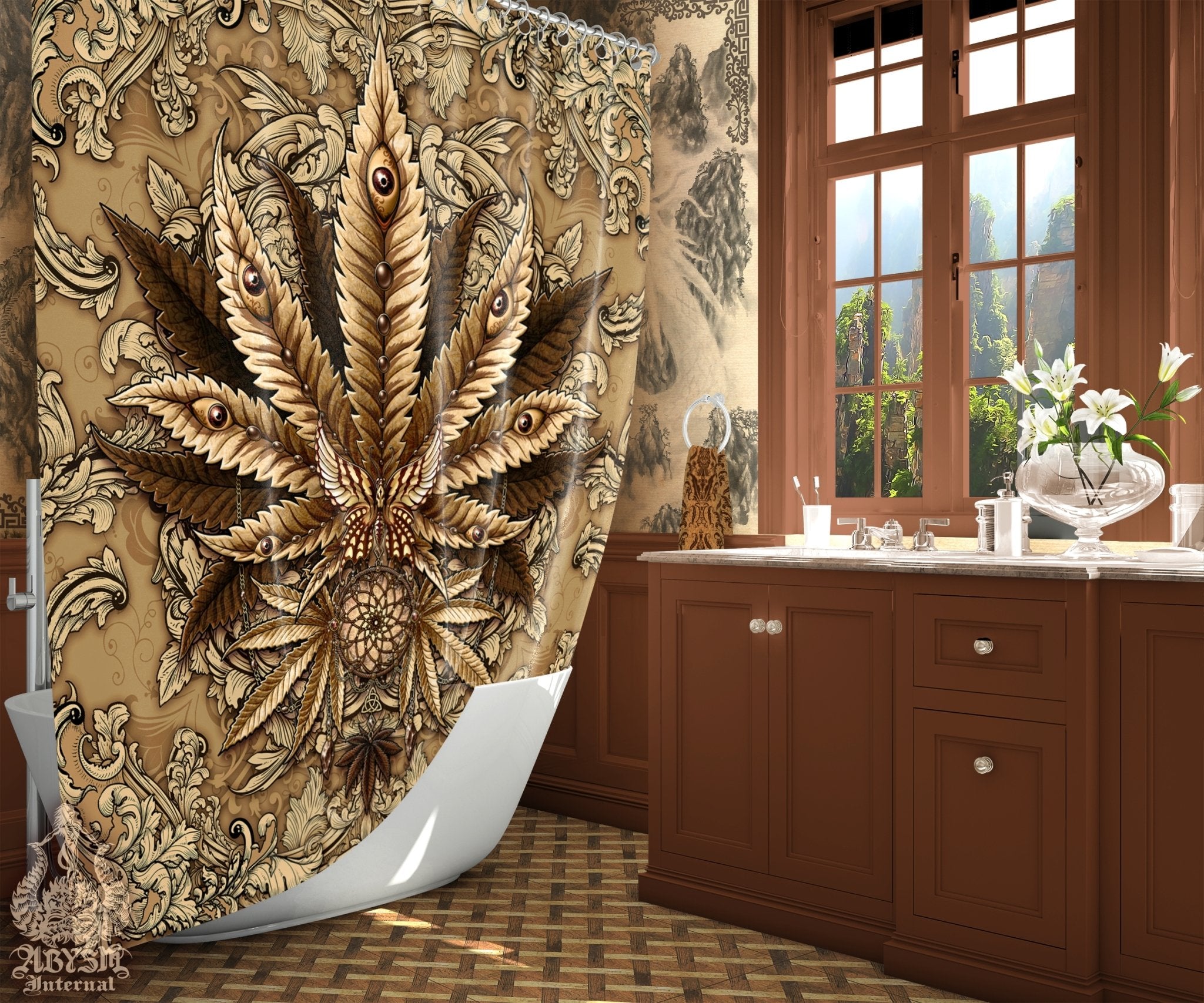 Weed Shower Curtain, Indie Bathroom Decor, Cannabis Print, Hippie 420 Home Art - Marijuana, Cream - Abysm Internal