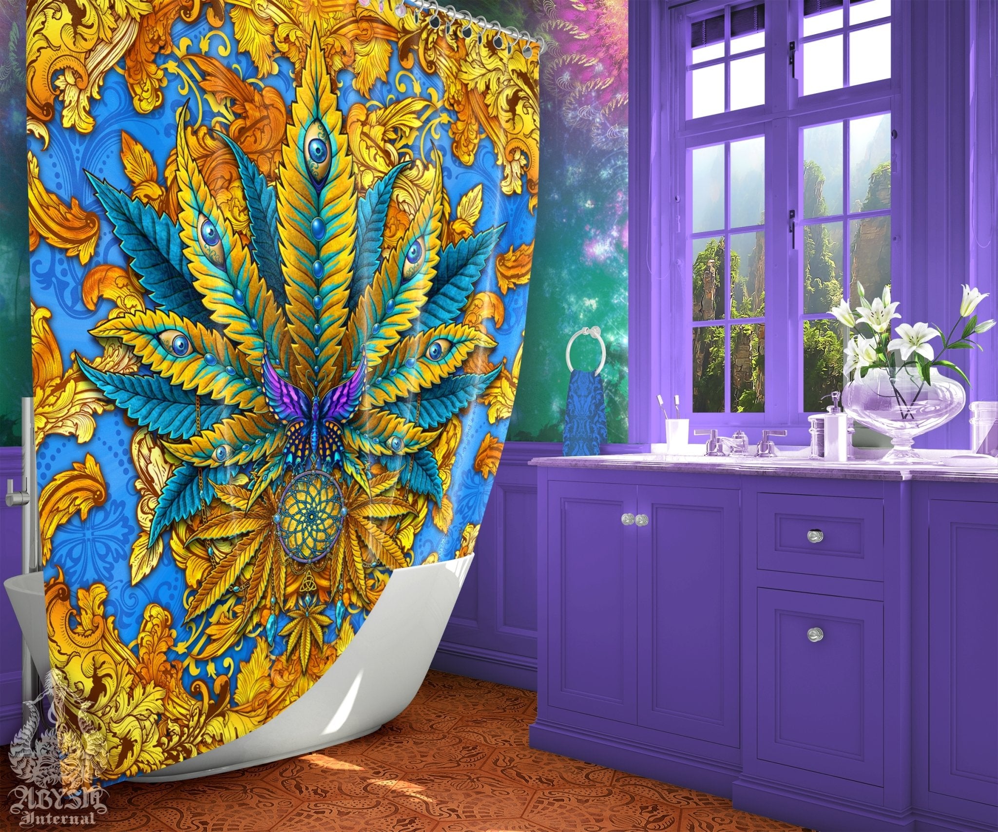 Weed Shower Curtain, Indie Bathroom Decor, Cannabis Print, Hippie 420 Home Art - Marijuana, Cyan and Gold - Abysm Internal