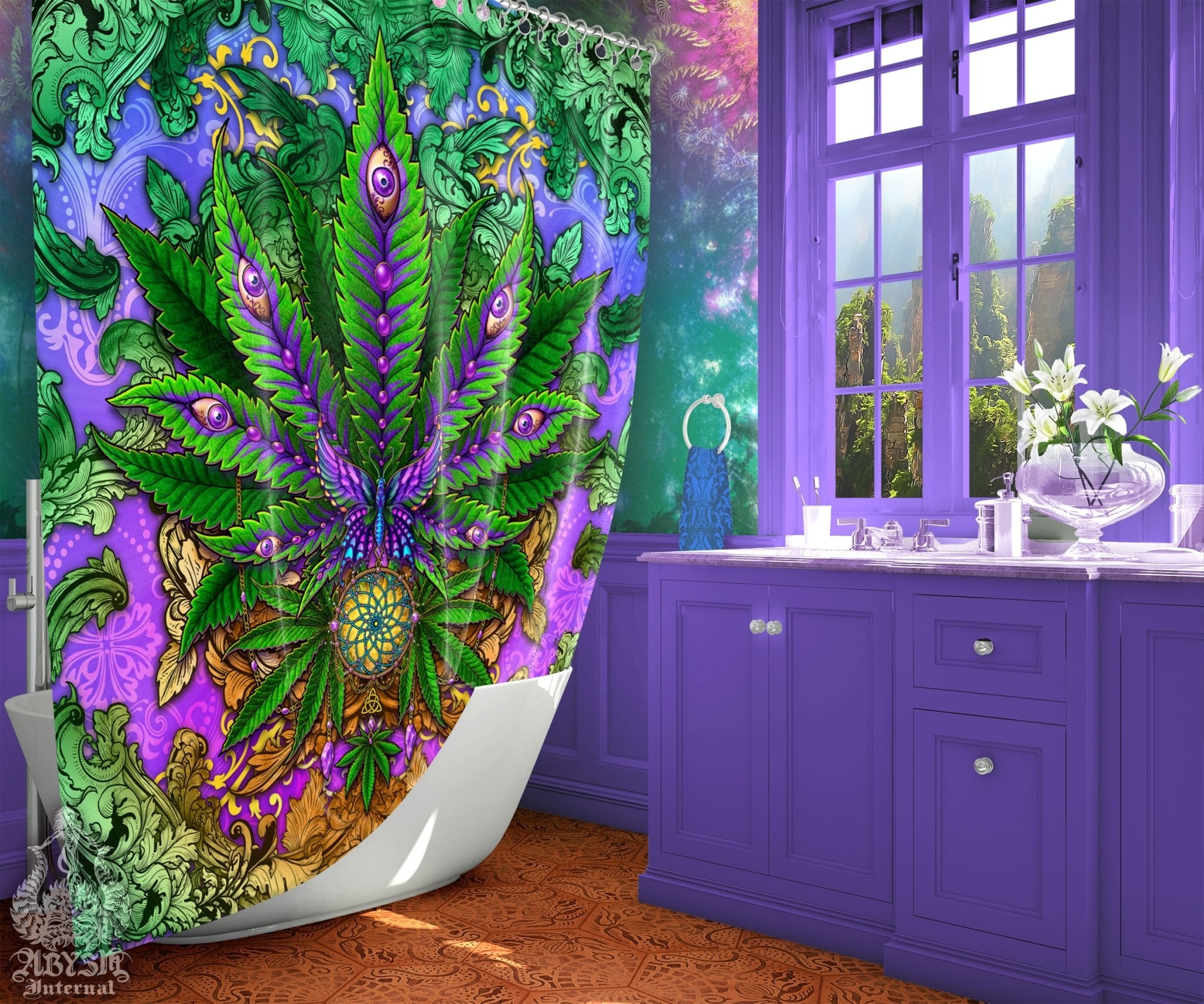 Weed Shower Curtain, Indie Bathroom Decor, Cannabis Print, Hippie 420 Home Art - Marijuana, Nature - Abysm Internal