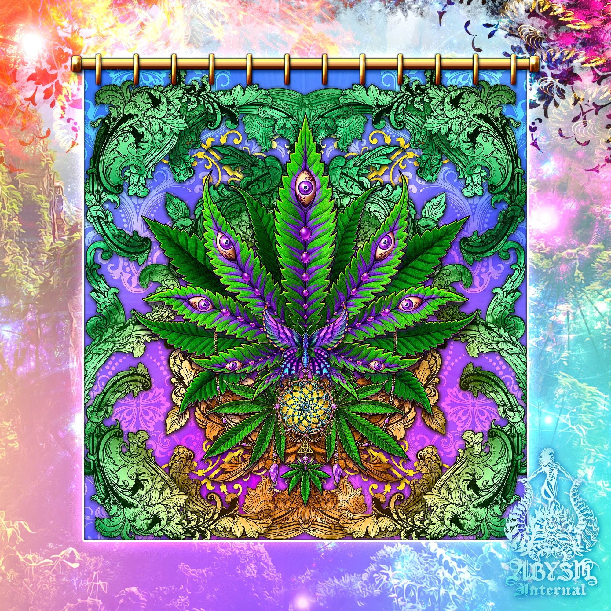 Weed Shower Curtain, Indie Bathroom Decor, Cannabis Print, Hippie 420 Home Art - Marijuana, Nature - Abysm Internal