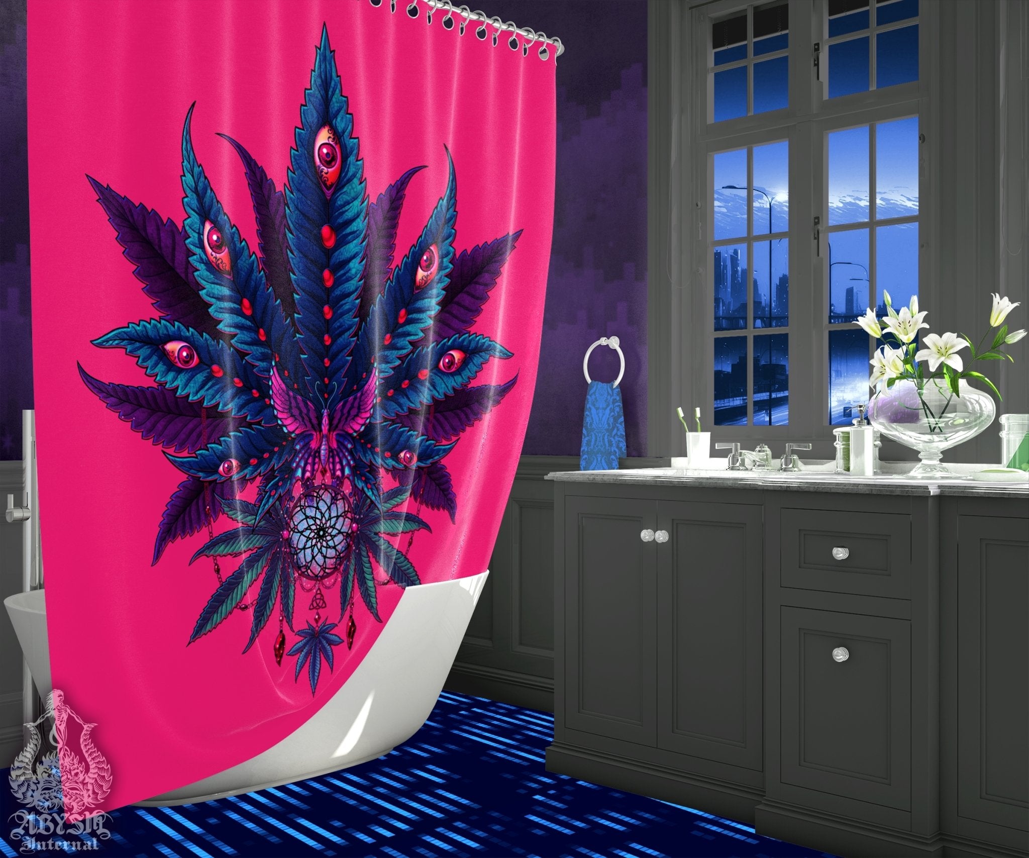 Weed Shower Curtain, Indie Bathroom Decor, Psychedelic Cannabis, 80s Retrowave, Hippie 420 Home Art - Marijuana Neon I - Abysm Internal