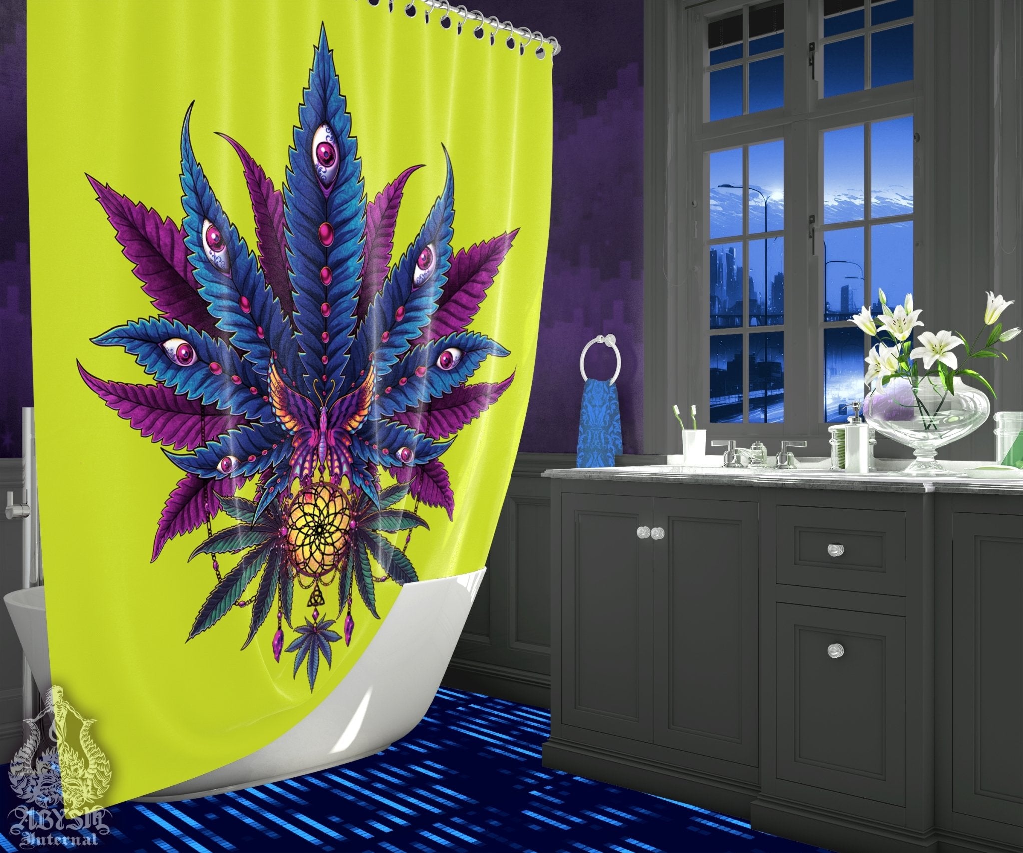 Weed Shower Curtain, Indie Bathroom Decor, Psychedelic Cannabis, 80s Retrowave, Hippie 420 Home Art - Marijuana Neon II - Abysm Internal