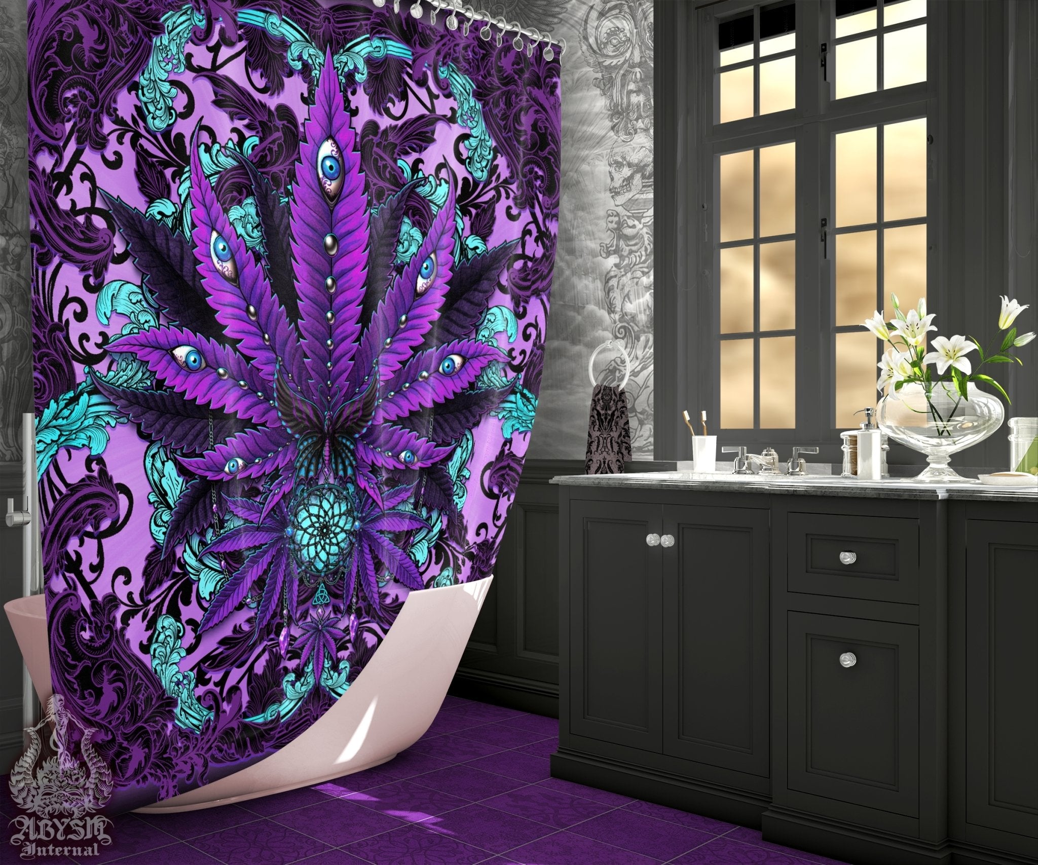 Weed Shower Curtain, Pastel Goth Bathroom Decor, Cannabis Print, Alternative 420 Home Art - Marijuana - Abysm Internal
