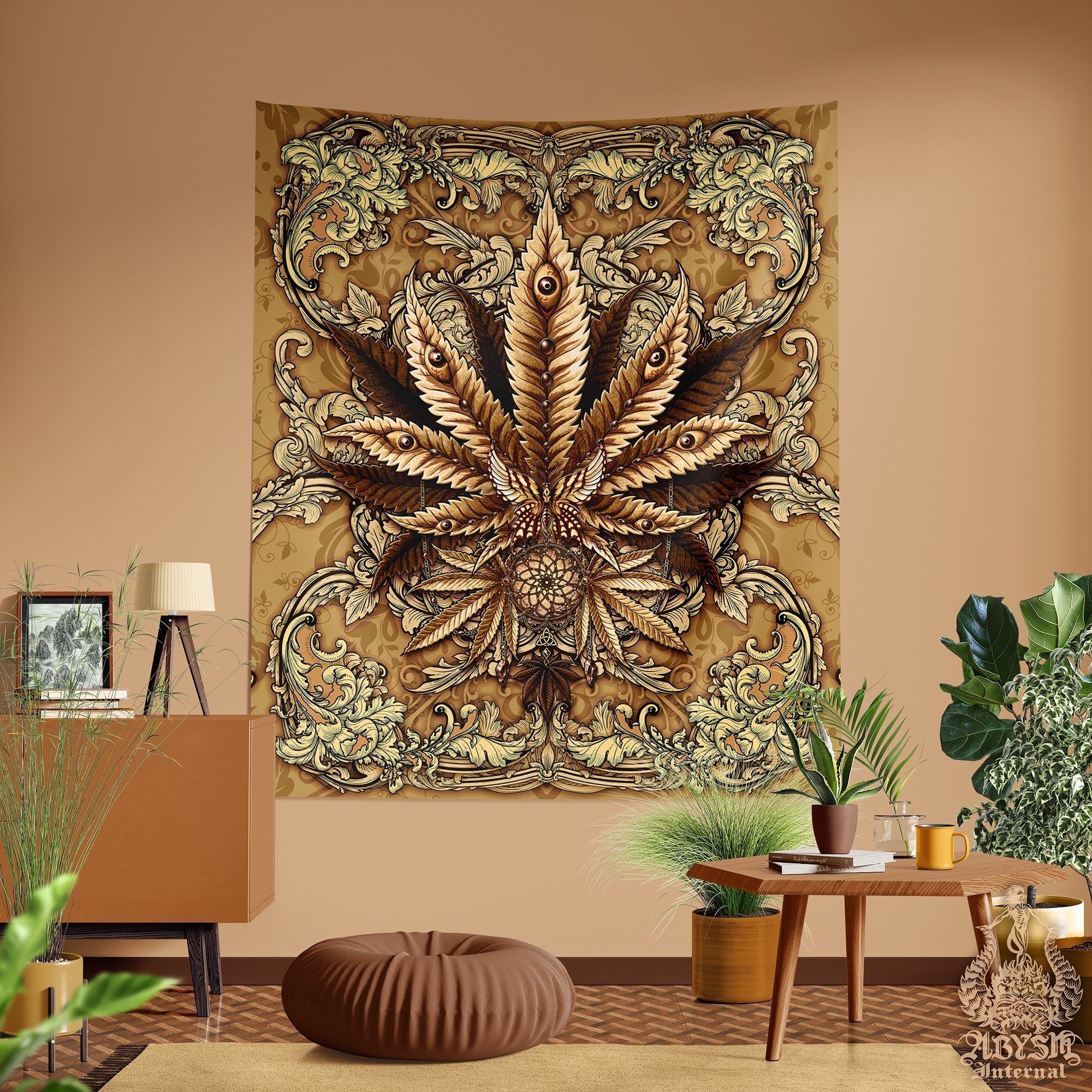 Weed Tapestry, Cannabis Shop Decor, Marijuana Wall Hanging, Hippie Home Decor, Indie Art Print, 420 Gift, Eclectic and Funky - Cream - Abysm Internal
