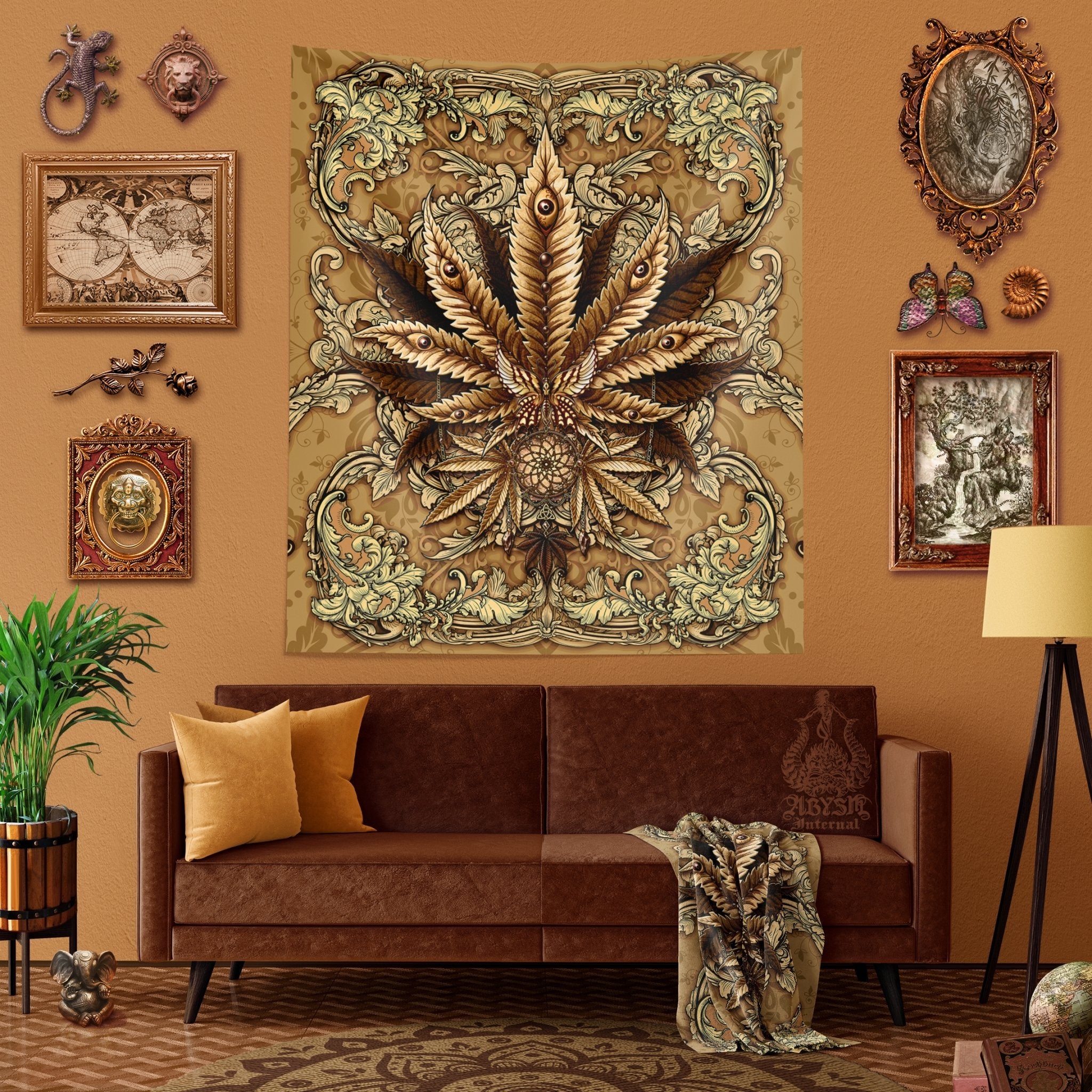 Weed Tapestry, Cannabis Shop Decor, Marijuana Wall Hanging, Hippie Home Decor, Indie Art Print, 420 Gift, Eclectic and Funky - Cream - Abysm Internal