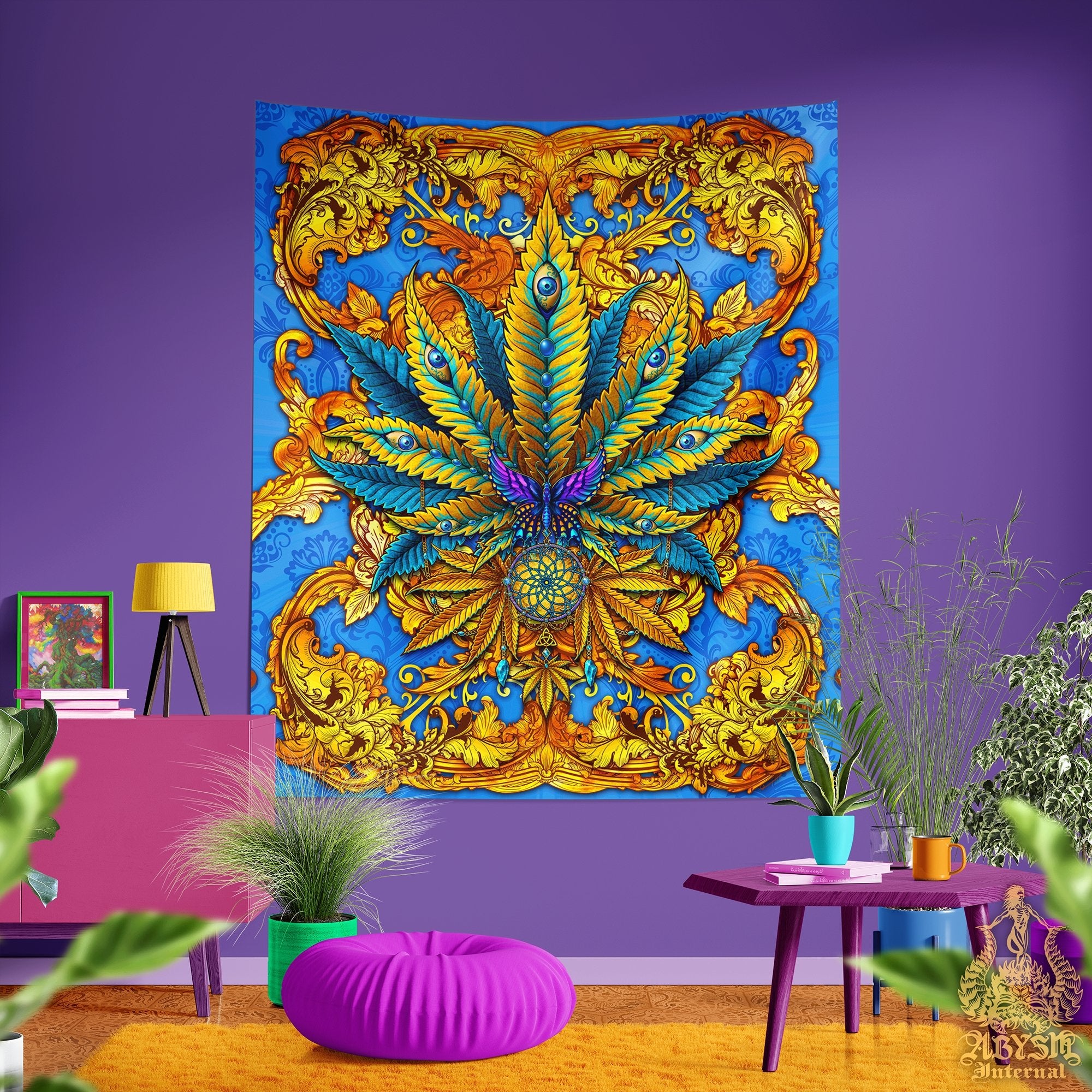 Weed Tapestry, Cannabis Shop Decor, Marijuana Wall Hanging, Hippie Home Decor, Indie Art Print, 420 Gift, Eclectic and Funky - Cyan and Gold - Abysm Internal