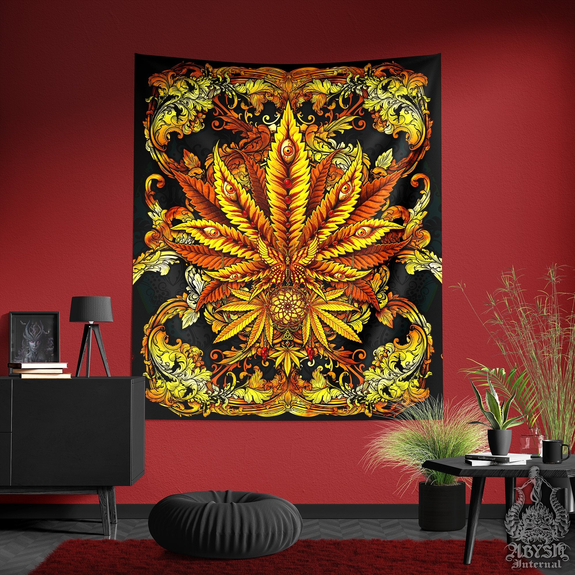 Weed Tapestry, Cannabis Shop Decor, Marijuana Wall Hanging, Indie Home Decor, Eclectic Art Print, 420 Gift - Gold - Abysm Internal