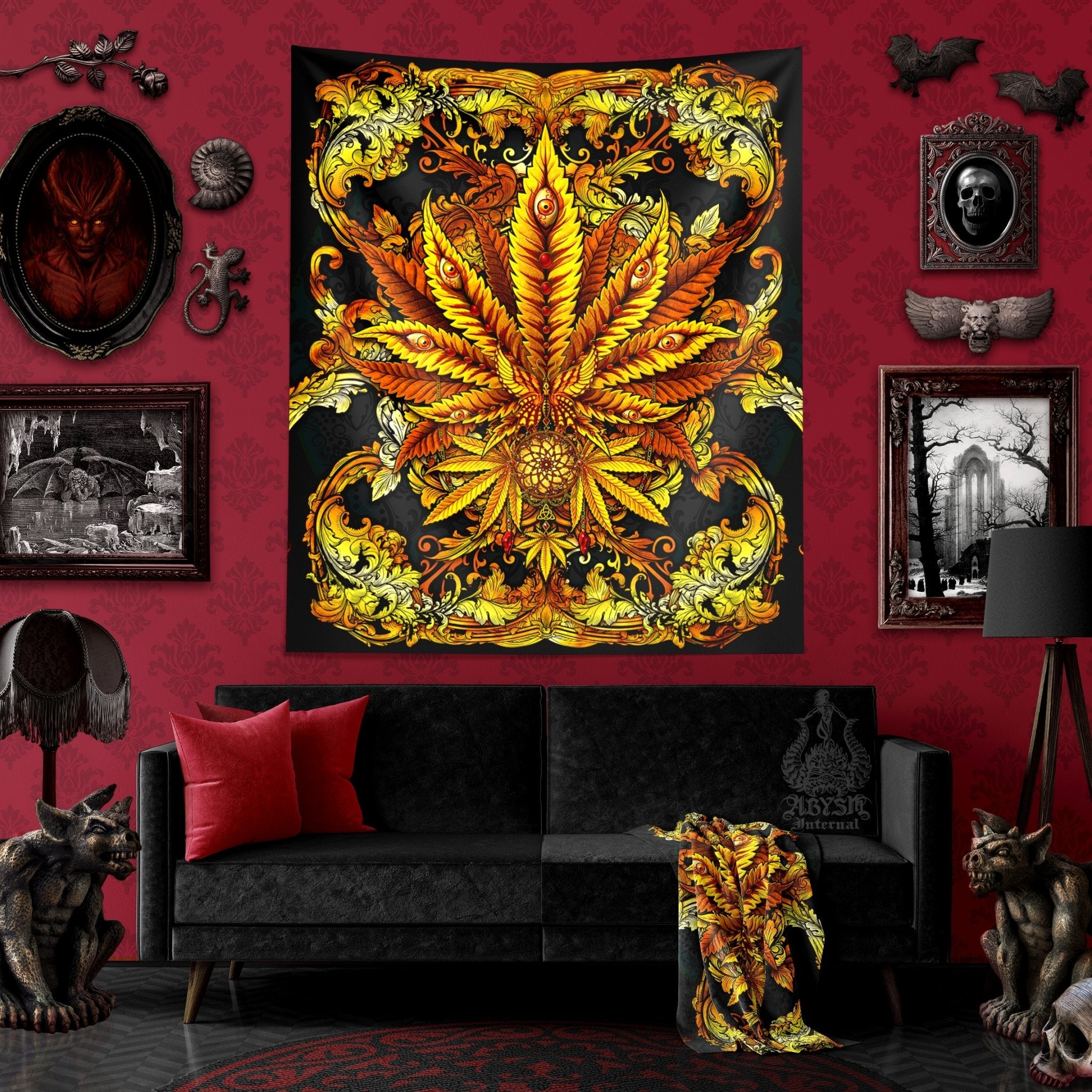Weed Tapestry, Cannabis Shop Decor, Marijuana Wall Hanging, Indie Home Decor, Eclectic Art Print, 420 Gift - Gold - Abysm Internal