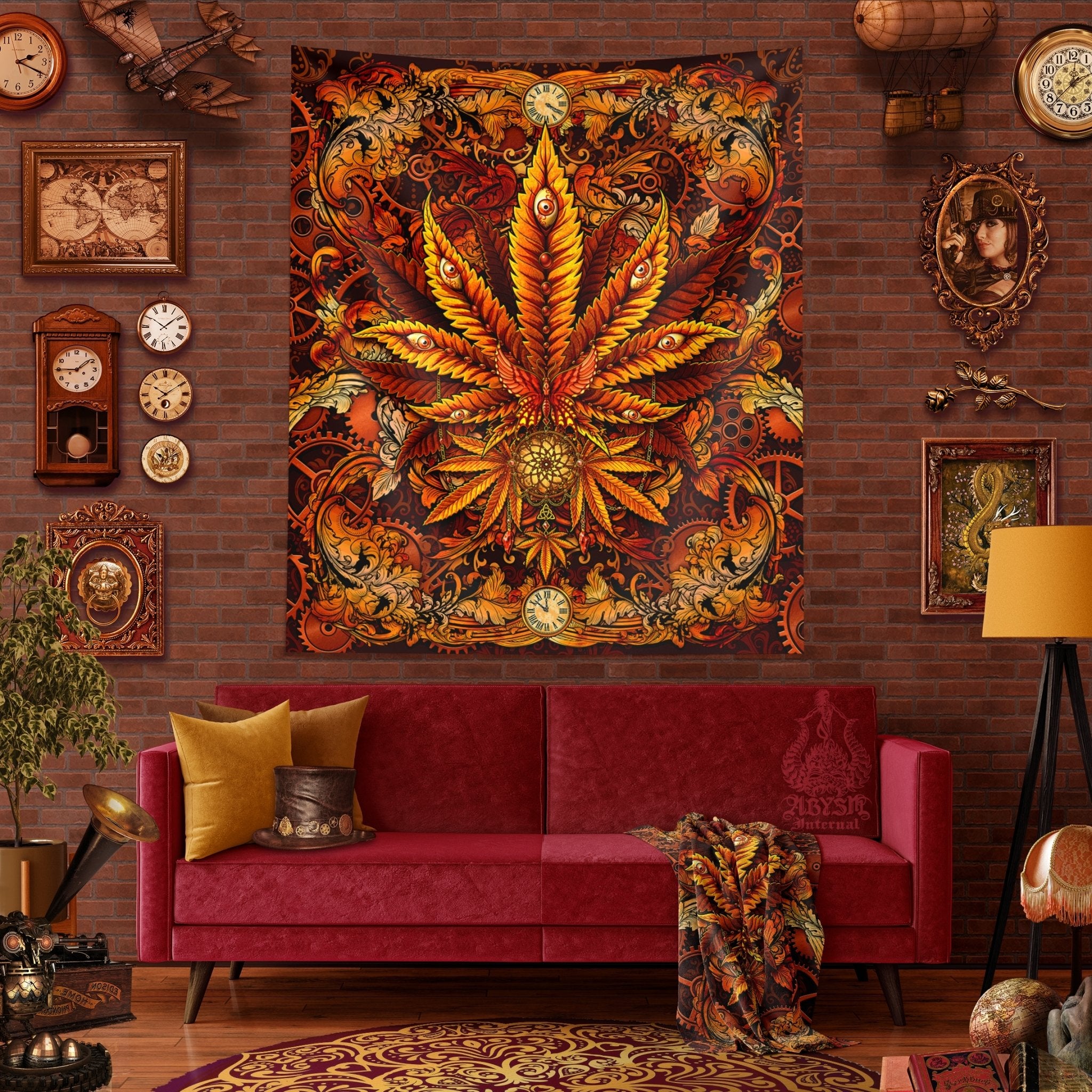 Weed Tapestry, Cannabis Shop Decor, Marijuana Wall Hanging, Indie Home Decor, Eclectic Art Print, 420 Gift - Steampunk - Abysm Internal