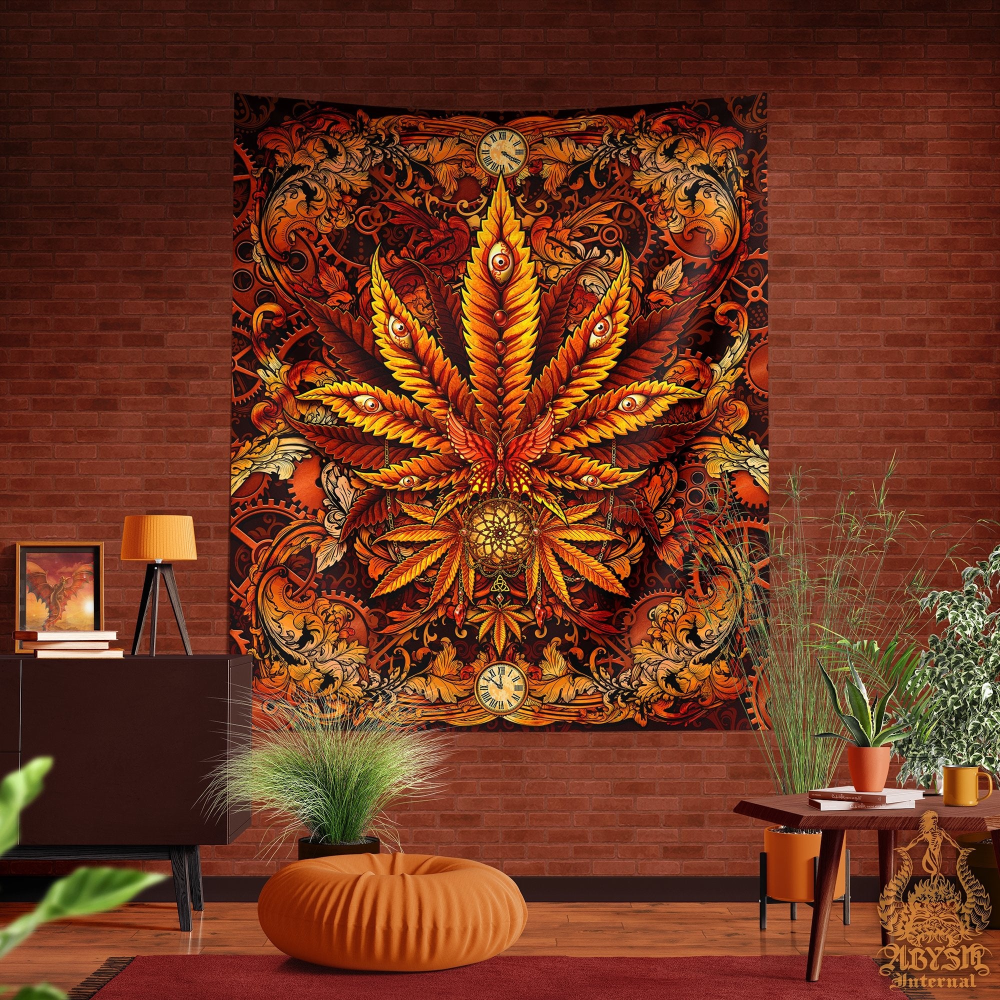 Weed Tapestry, Cannabis Shop Decor, Marijuana Wall Hanging, Indie Home Decor, Eclectic Art Print, 420 Gift - Steampunk - Abysm Internal