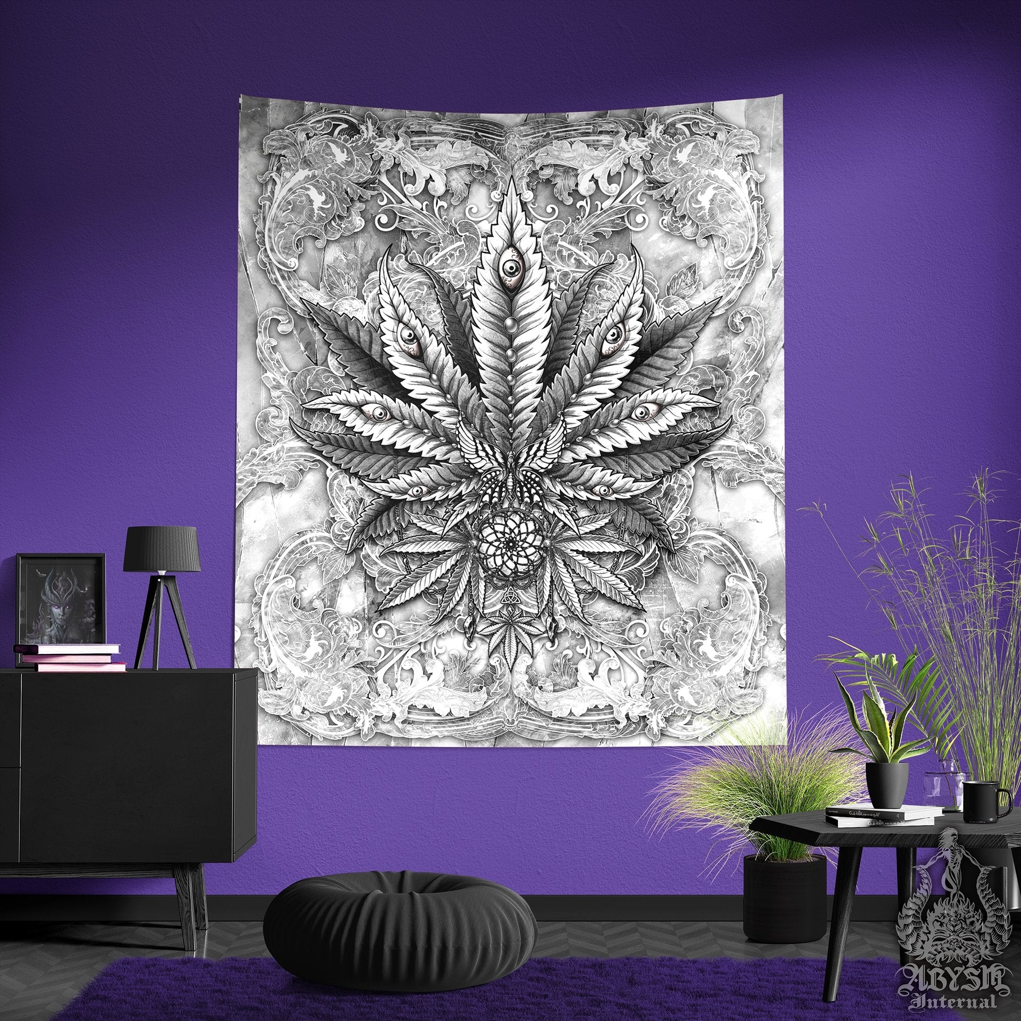 Weed Tapestry, Cannabis Shop Decor, Marijuana Wall Hanging, Indie Home Decor, White Goth Art Print, 420 Gift - Stone - Abysm Internal