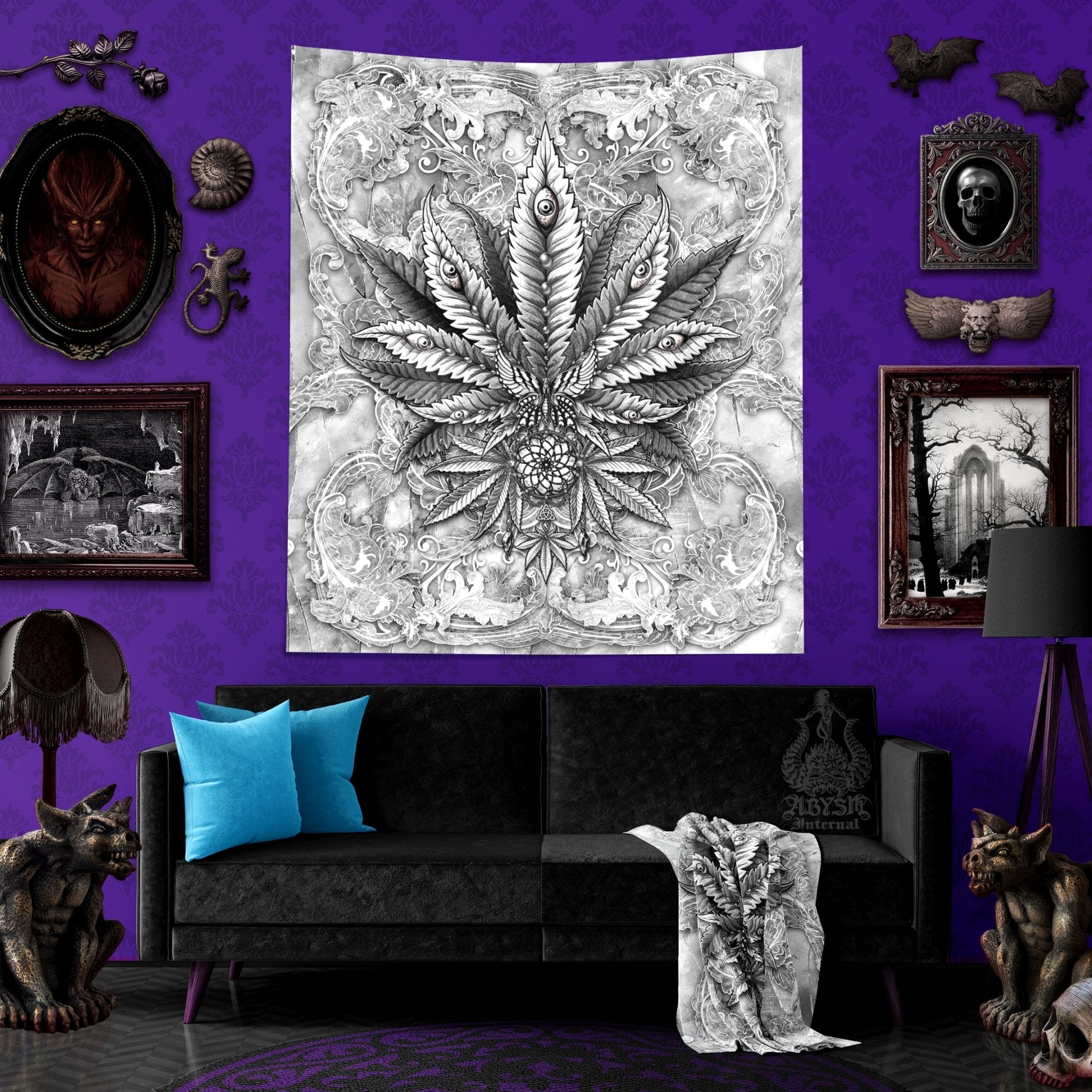 Weed Tapestry, Cannabis Shop Decor, Marijuana Wall Hanging, Indie Home Decor, White Goth Art Print, 420 Gift - Stone - Abysm Internal