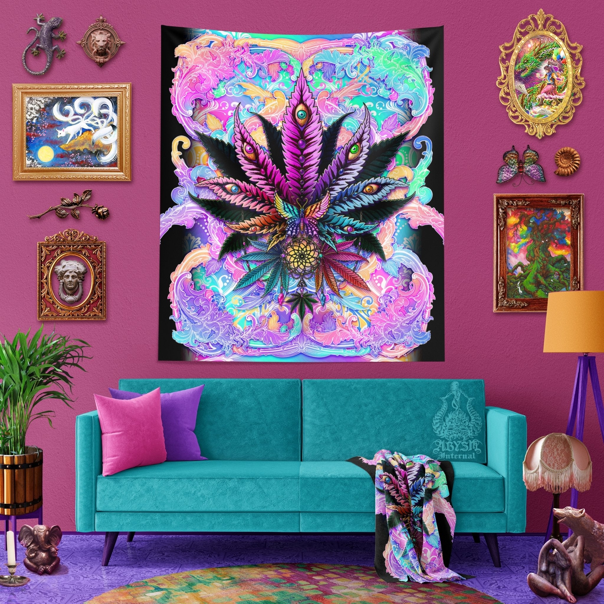 Weed Tapestry, Indie Cannabis Shop Decor, Marijuana Wall Hanging, Psychedelic Home Decor, Aesthetic Art Print, 420 Gift, Eclectic and Funky - Pastel Black - Abysm Internal