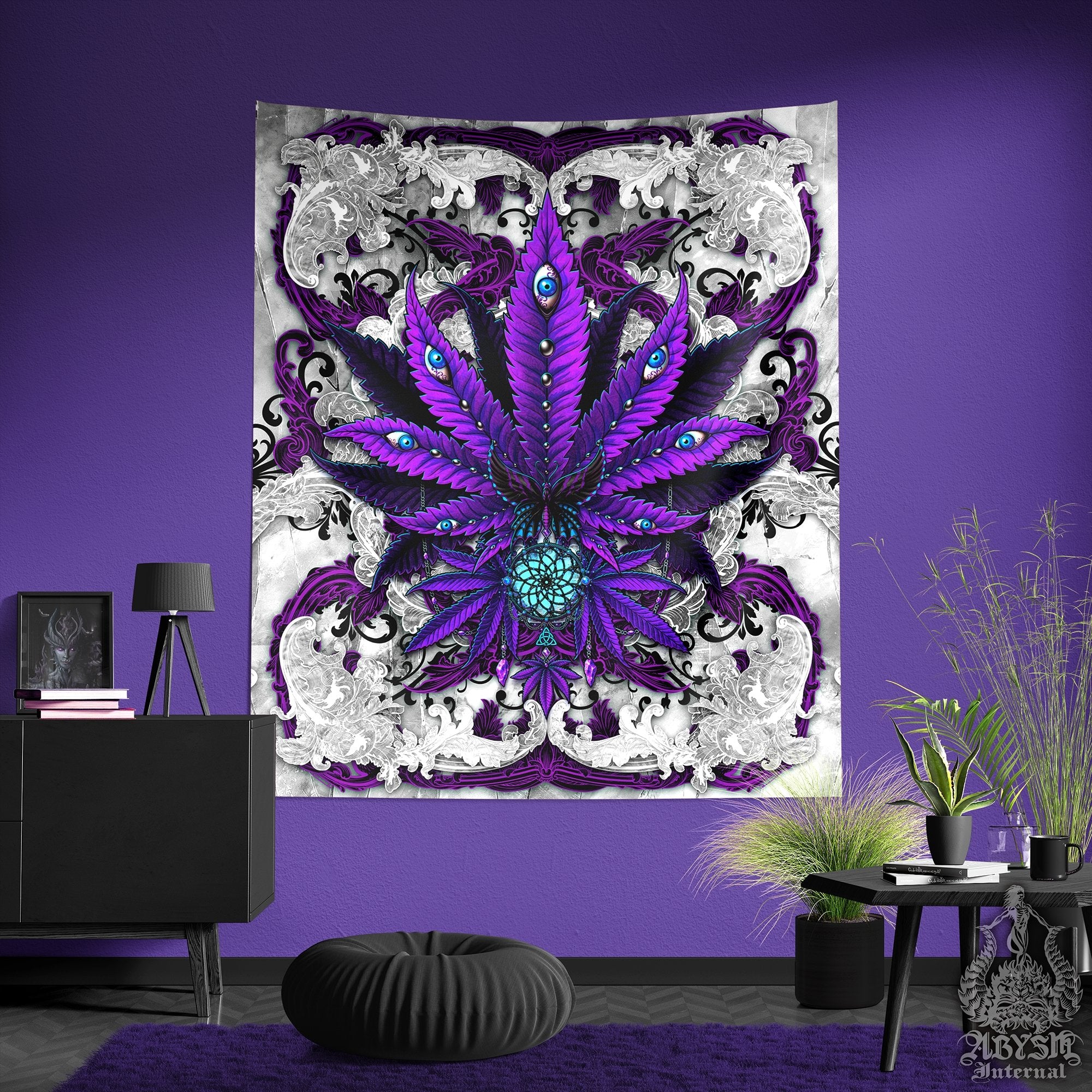 Weed Tapestry, Marijuana Shop Decor, Cannabis Wall Hanging, Gothic Home Decor, Purple White Goth Art Print, 420 Gift - Abysm Internal