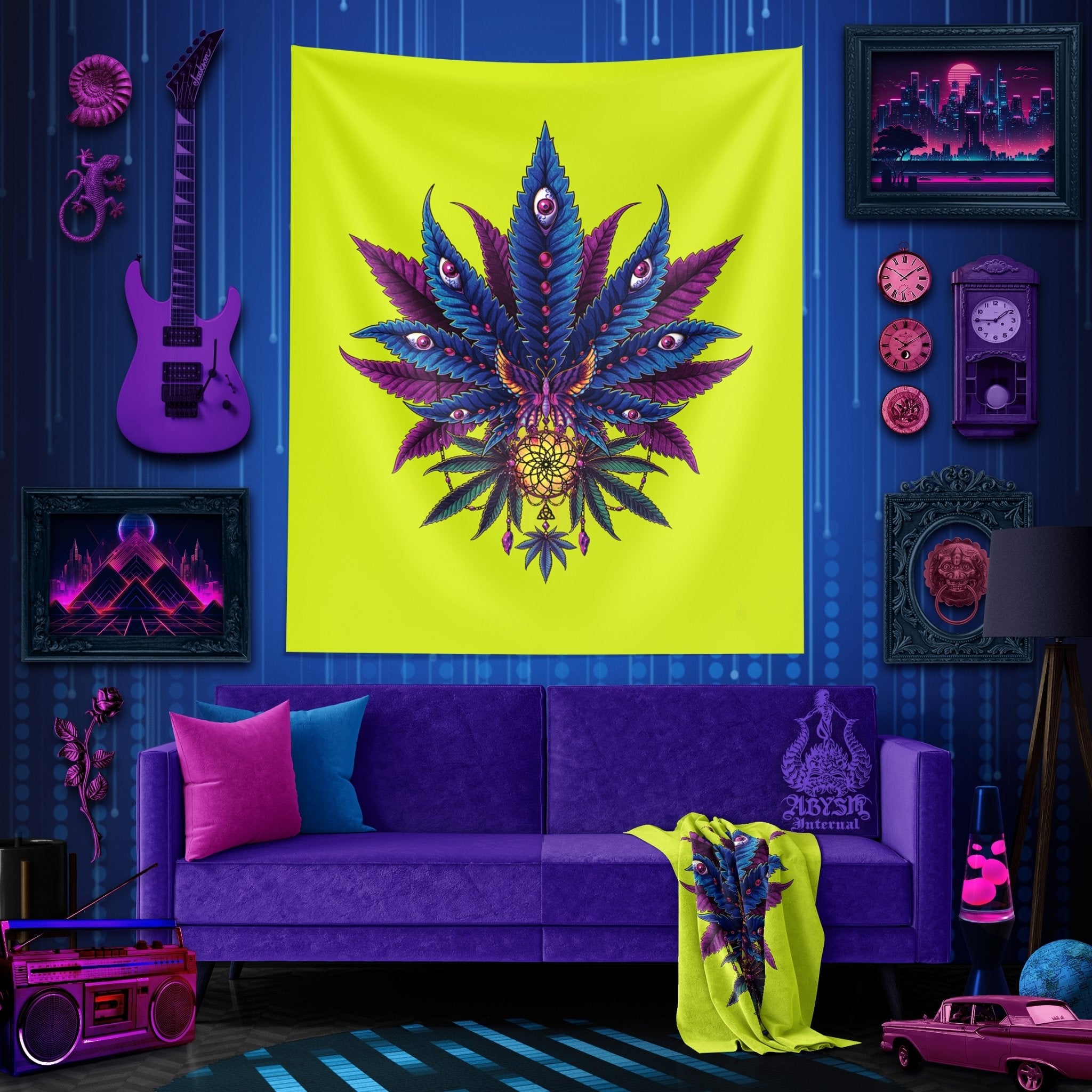 Weed Tapestry, Synthwave Cannabis Shop Decor, 420 Wall Hanging, Retrowave 80s Home Decor, Vaporwave Art Print, Eclectic and Funky Marijuana - Neon II - Abysm Internal