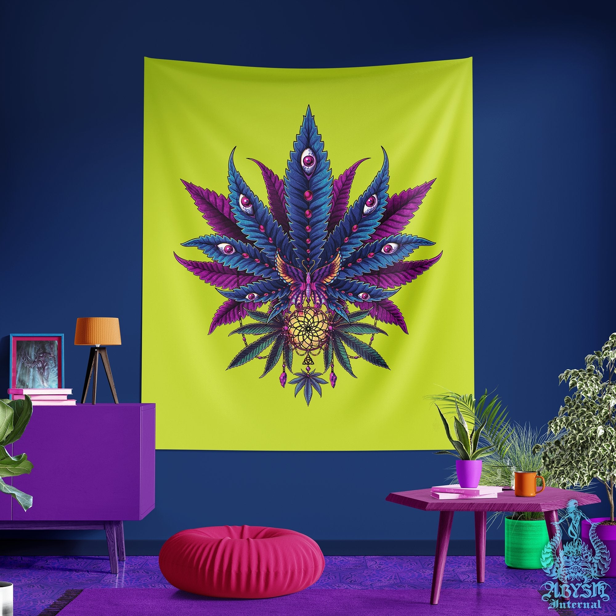 Weed Tapestry, Synthwave Cannabis Shop Decor, 420 Wall Hanging, Retrowave 80s Home Decor, Vaporwave Art Print, Eclectic and Funky Marijuana - Neon II - Abysm Internal