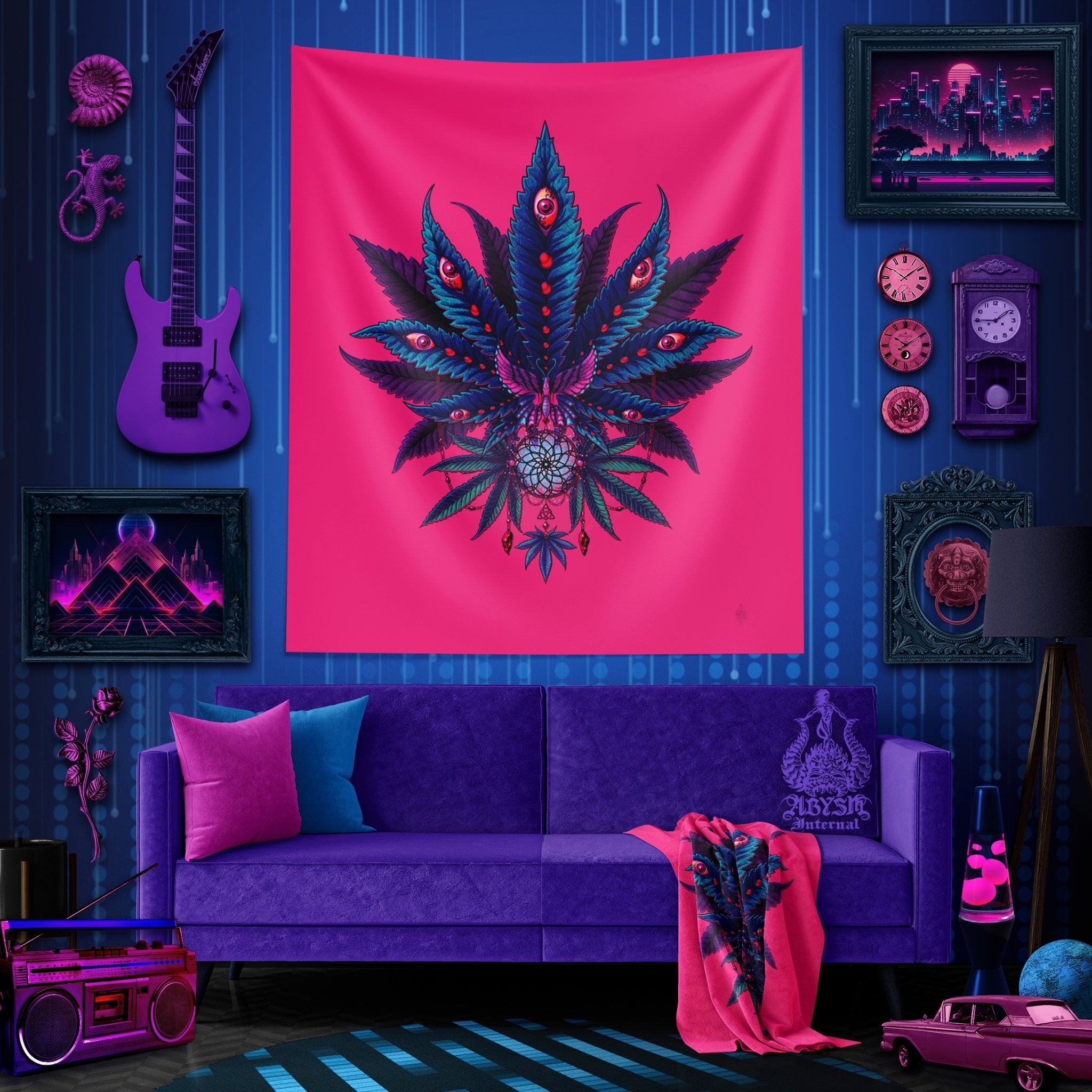 Weed Tapestry, Synthwave Cannabis Shop Decor, Marijuana Wall Hanging, Retrowave 80s Home Decor, Vaporwave Art Print, 420 Gift, Eclectic and Funky - Neon I - Abysm Internal