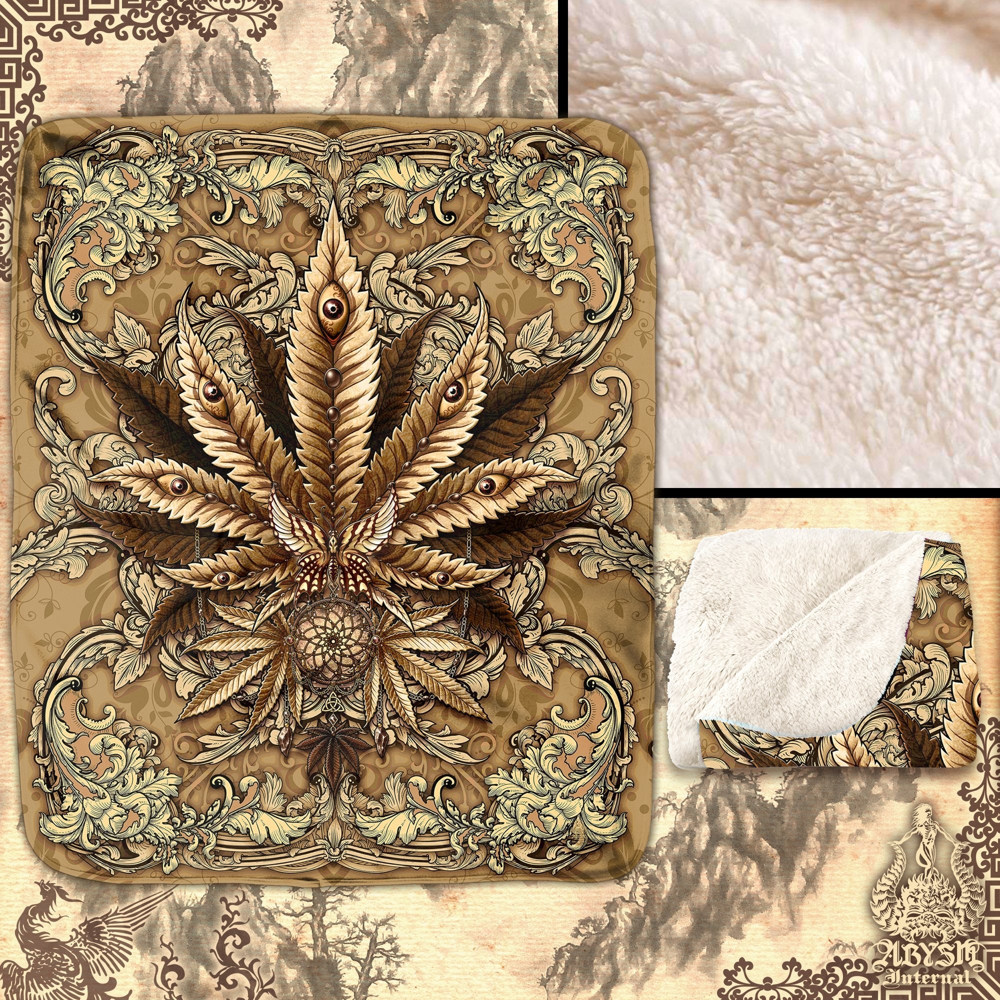 Weed Throw Fleece Blanket, Cannabis Art, Indie and Hippie Home Decor, 420 Gift - Cream - Abysm Internal