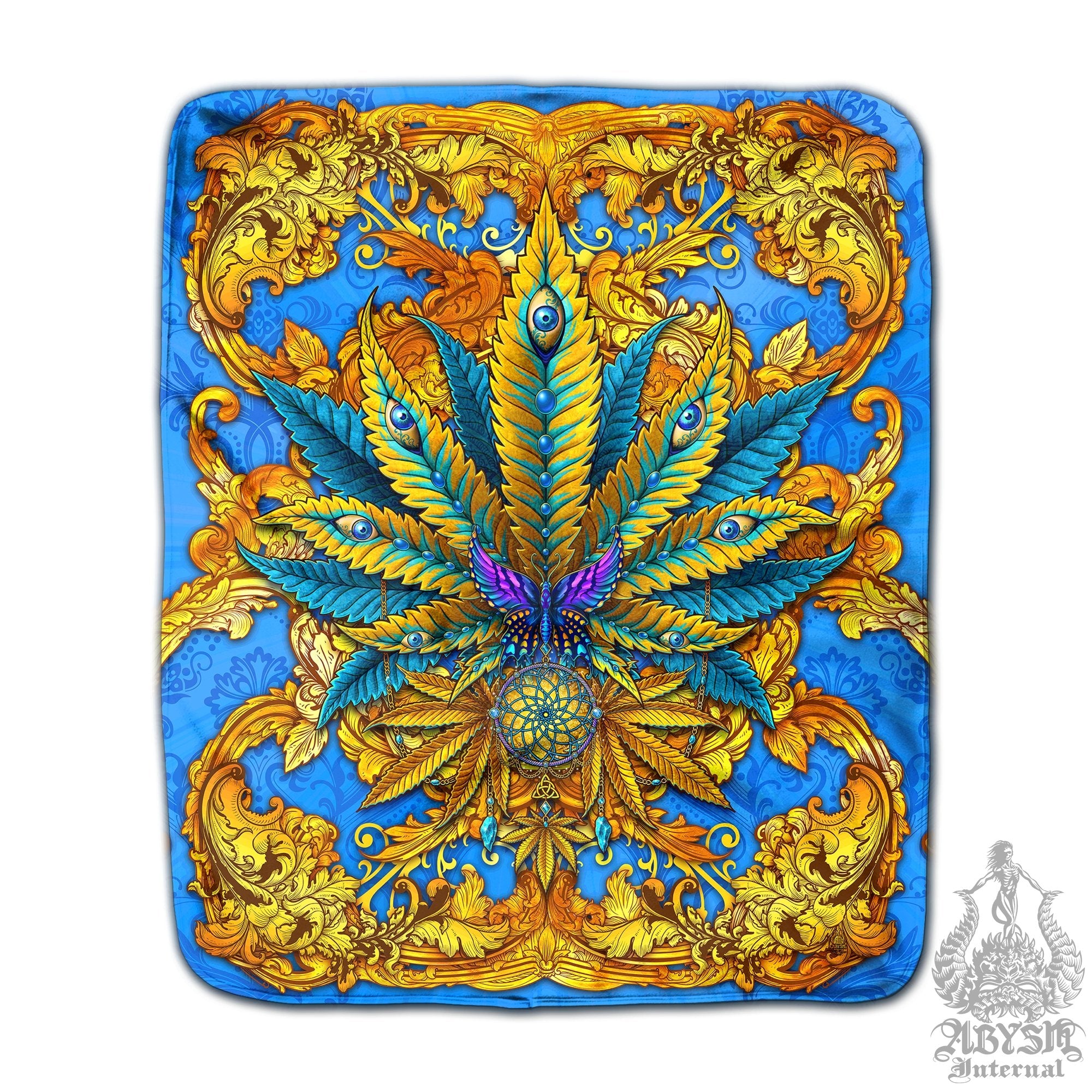 Weed Throw Fleece Blanket, Cannabis Art, Indie and Hippie Home Decor, 420 Gift - Cyan and Gold - Abysm Internal
