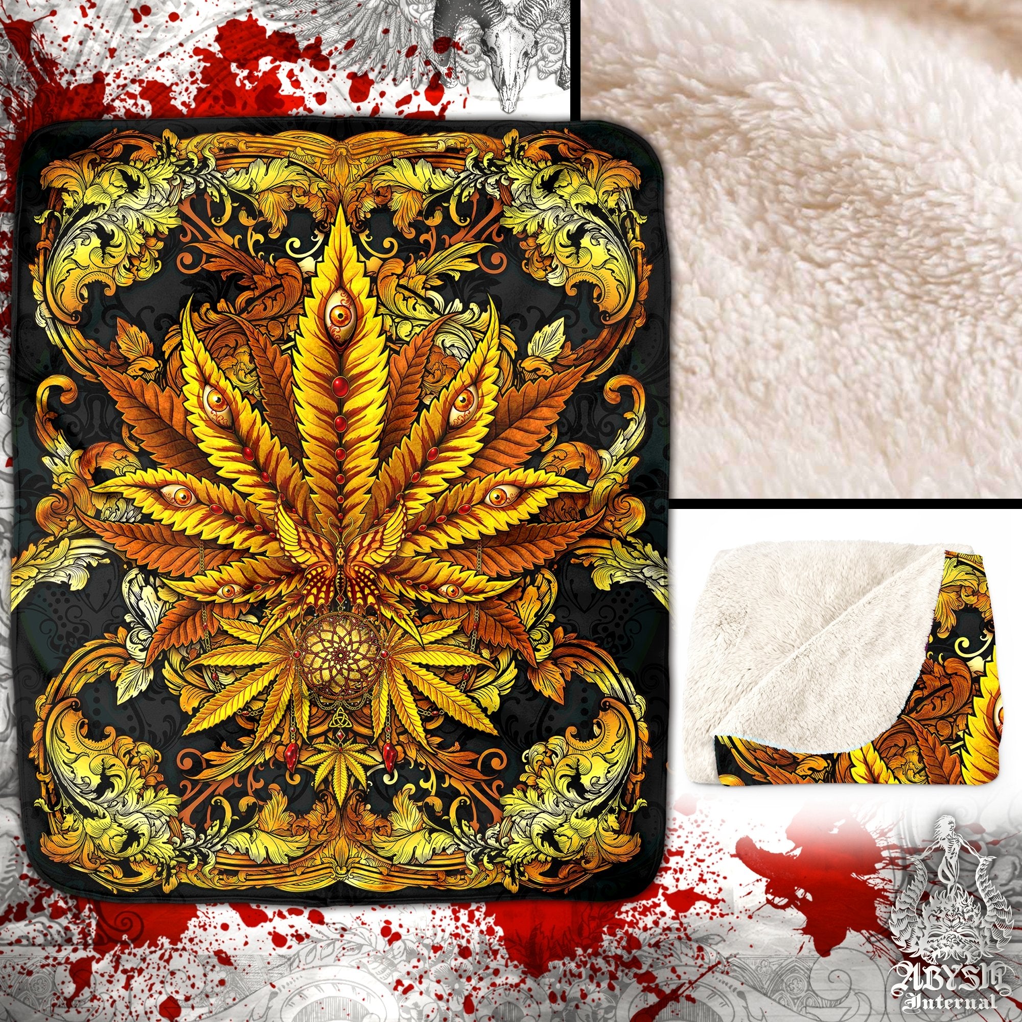 Weed Throw Fleece Blanket, Cannabis Art, Indie and Hippie Home Decor, 420 Gift - Marijuana, Gold - Abysm Internal