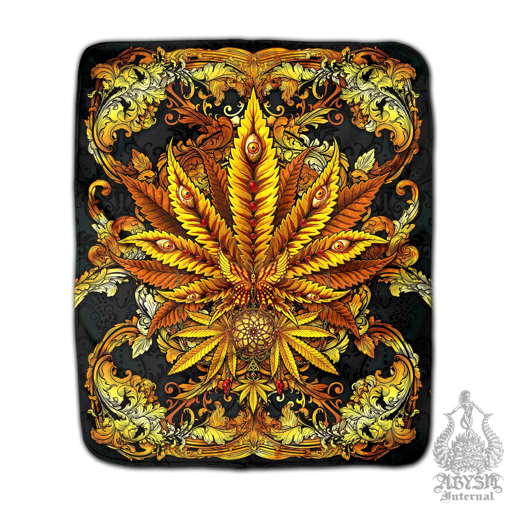Weed Throw Fleece Blanket, Cannabis Art, Indie and Hippie Home Decor, 420 Gift - Marijuana, Gold - Abysm Internal