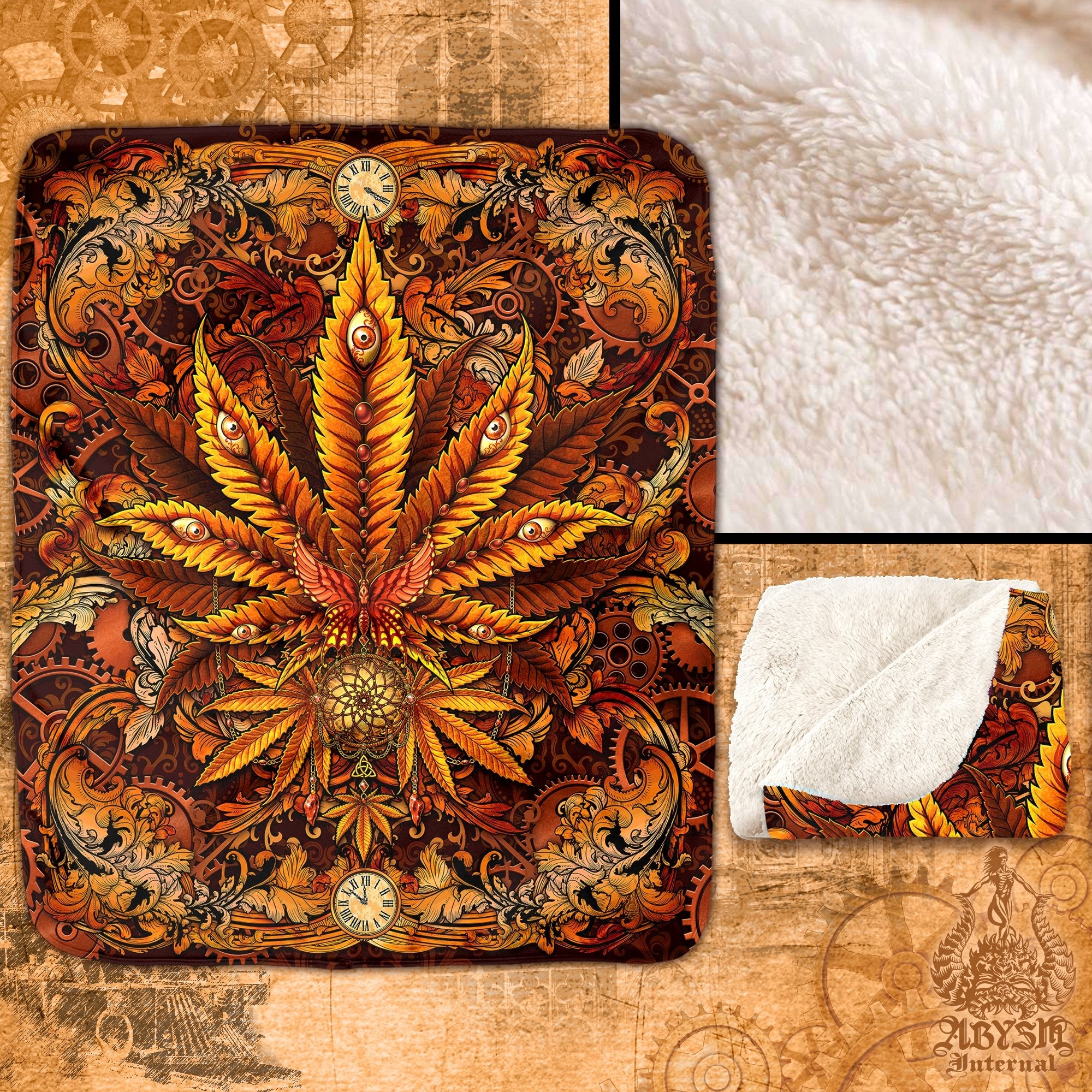 Weed Throw Fleece Blanket, Cannabis Art, Indie and Hippie Home Decor, 420 Gift - Marijuana, Steampunk - Abysm Internal