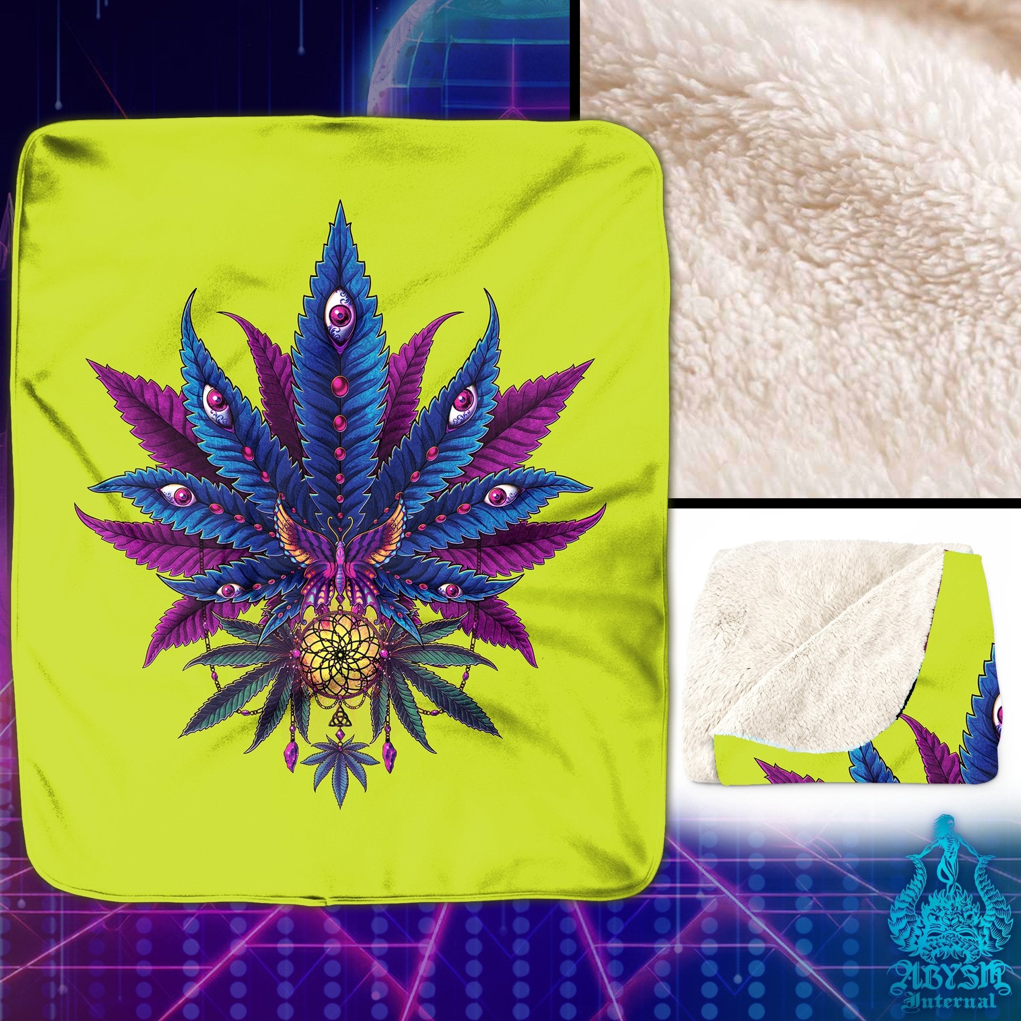 Weed Throw Fleece Blanket, Retrowave Cannabis Art, Vaporwave Home Decor, 80s Synthwave, Eclectic and 420 Gift - Neon II Marijuana - Abysm Internal