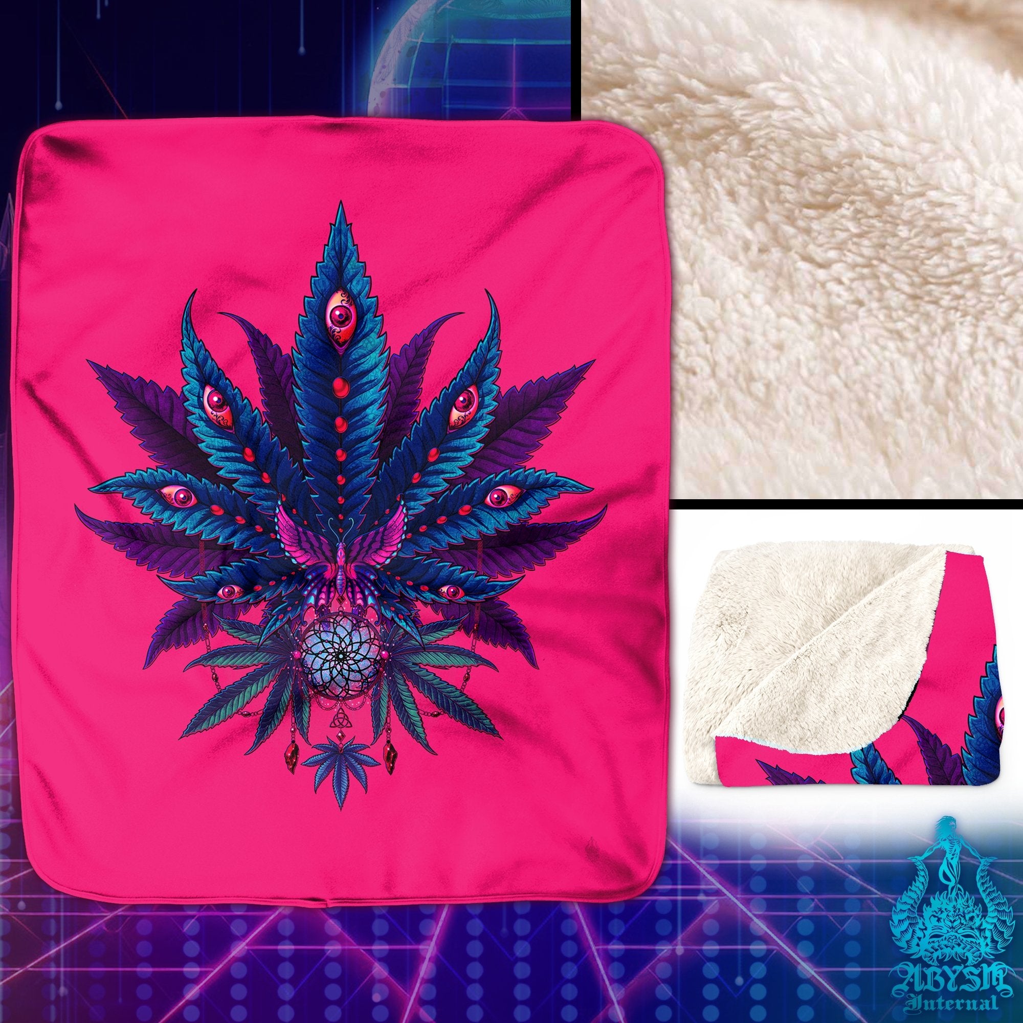 Weed Throw Fleece Blanket, Vaporwave Cannabis Art, Synthwave Home Decor, 80s Retrowave, Eclectic and 420 Gift - Neon I Marijuana - Abysm Internal