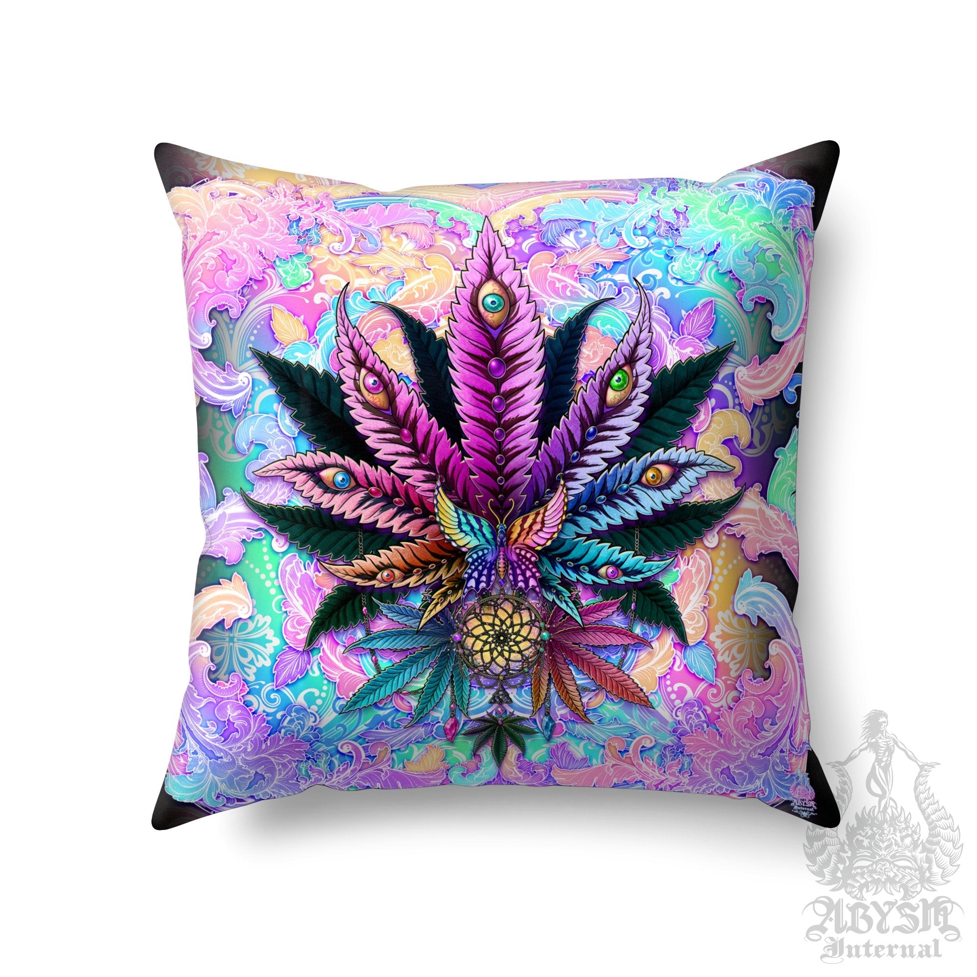 Weed Throw Pillow, Cannabis Shop Decor, Aesthetic Decorative Accent Cushion, Psychedelic Room Decor, 420 Art Print - Pastel Black - Abysm Internal