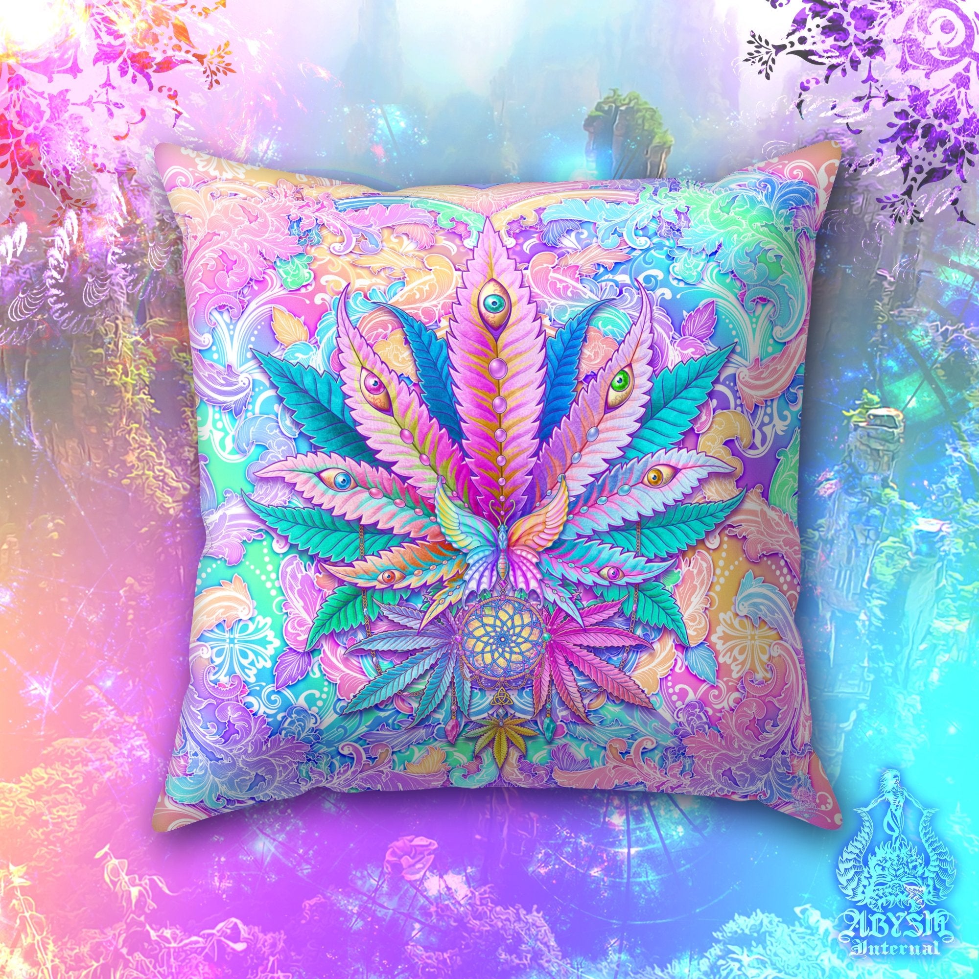 Weed Throw Pillow, Cannabis Shop Decor, Aesthetic Decorative Accent Cushion, Psychedelic Room Decor, Pastel 420 Art Print - Abysm Internal