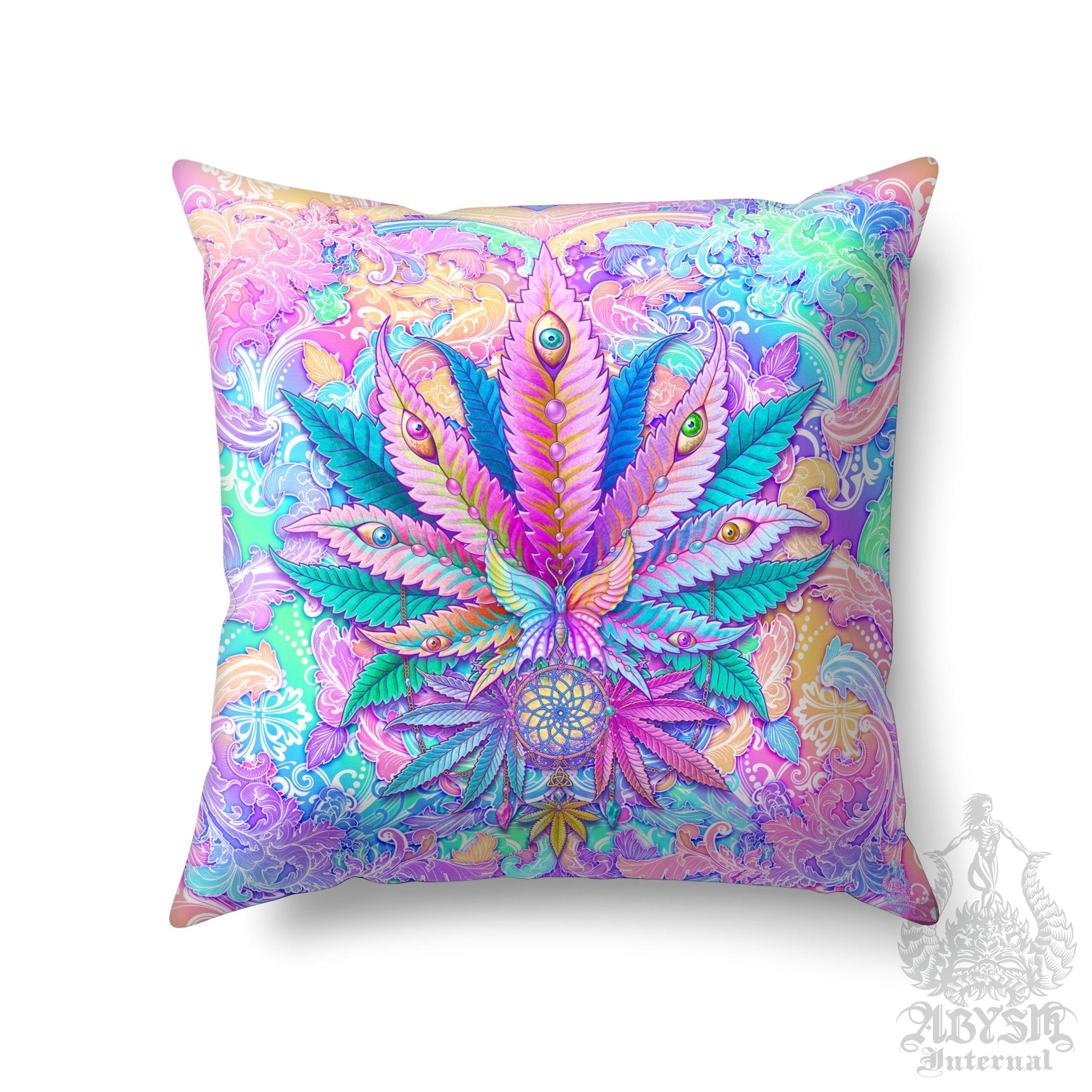 Weed Throw Pillow, Cannabis Shop Decor, Aesthetic Decorative Accent Cushion, Psychedelic Room Decor, Pastel 420 Art Print - Abysm Internal