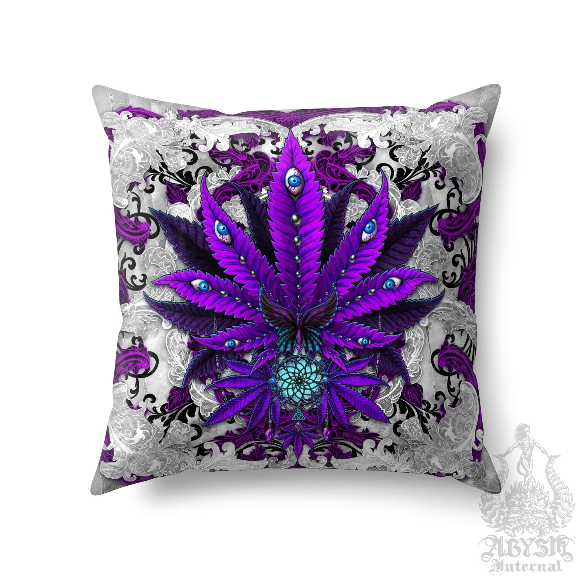 Weed Throw Pillow, Cannabis Shop Decor, Decorative Accent Cushion, Alternative Room Decor, 420 Art Print - Purple White Goth - Abysm Internal