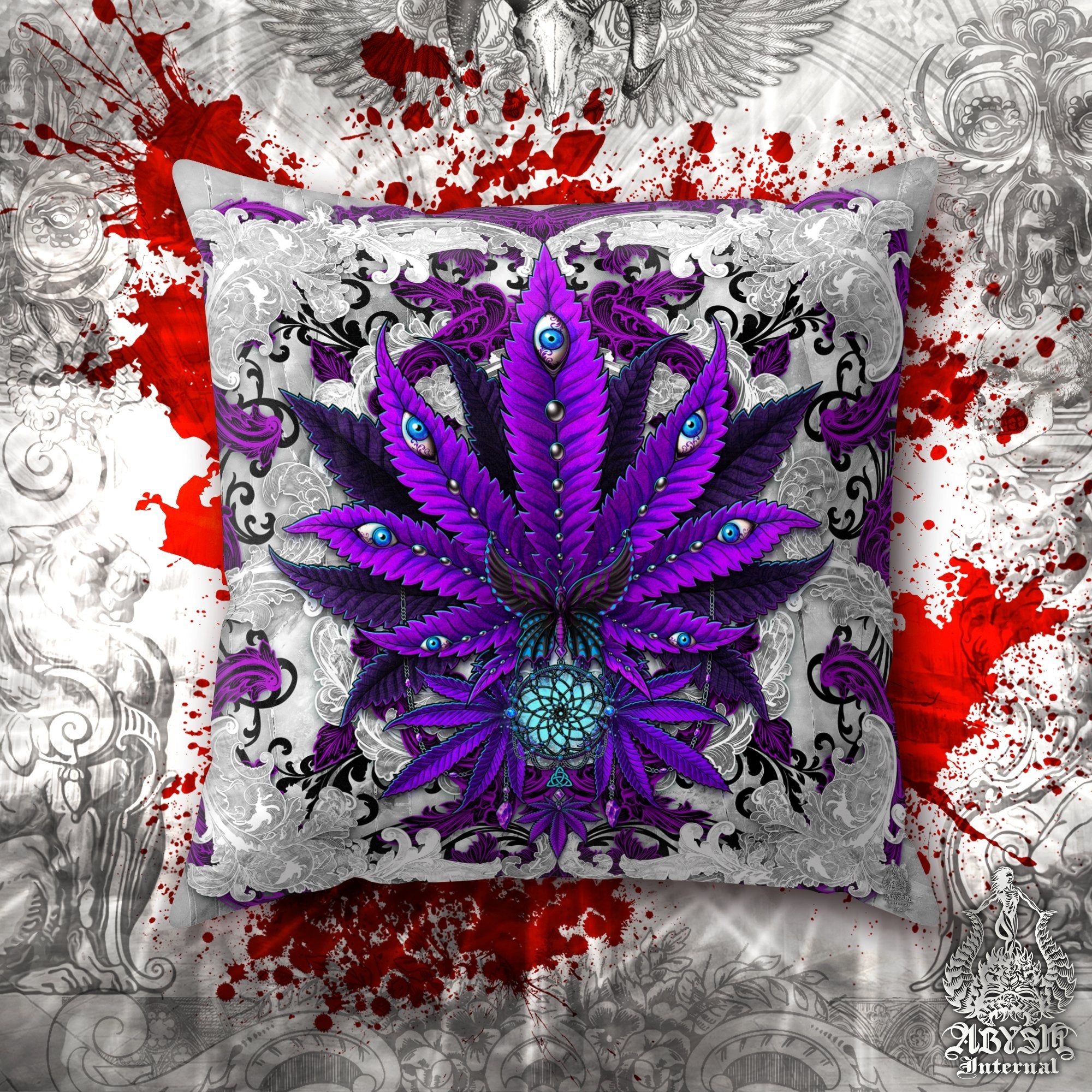 Weed Throw Pillow, Cannabis Shop Decor, Decorative Accent Cushion, Alternative Room Decor, 420 Art Print - Purple White Goth - Abysm Internal
