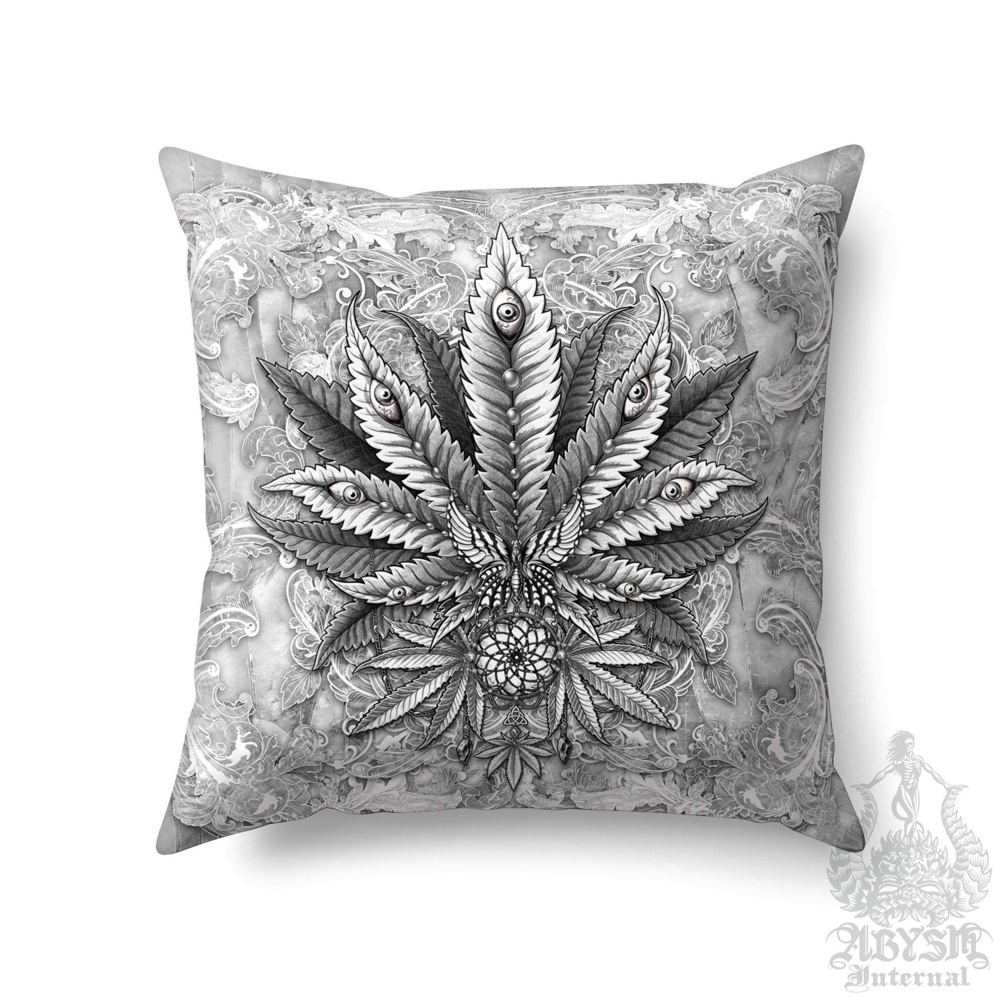 Weed Throw Pillow, Cannabis Shop Decor, Decorative Accent Cushion, Alternative Room Decor, 420 Art Print - White Goth, Stone - Abysm Internal
