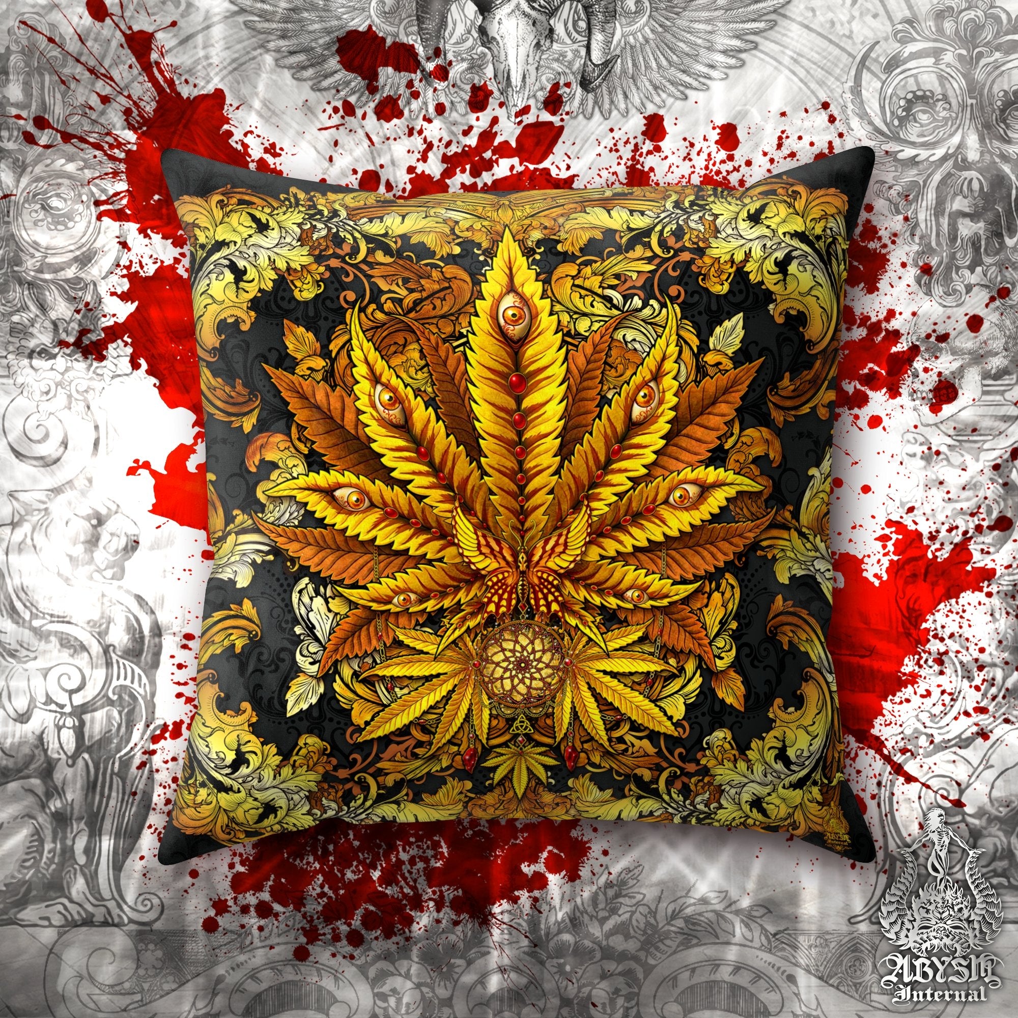 Weed Throw Pillow, Cannabis Shop Decor, Indie Decorative Accent Cushion, Alternative Room Decor, 420 Art Print - Gold - Abysm Internal