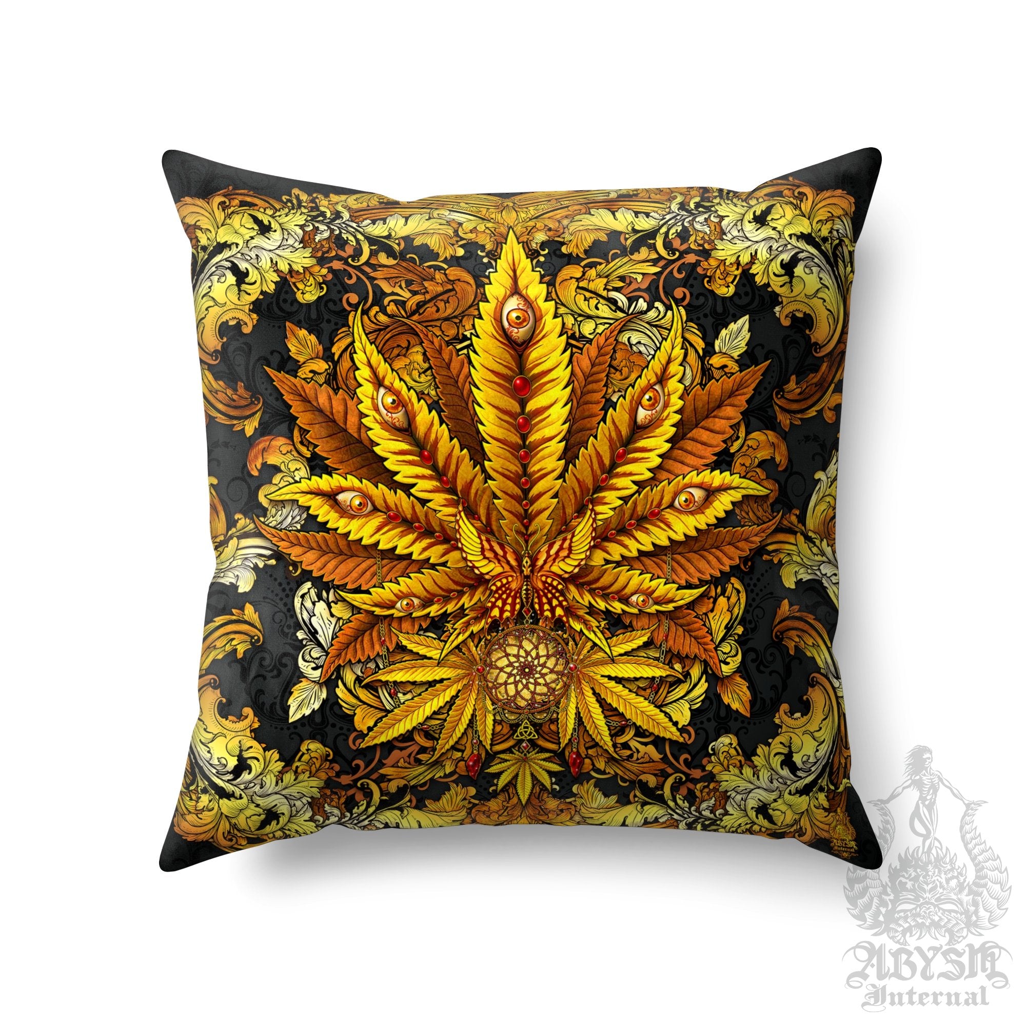 Weed Throw Pillow, Cannabis Shop Decor, Indie Decorative Accent Cushion, Alternative Room Decor, 420 Art Print - Gold - Abysm Internal