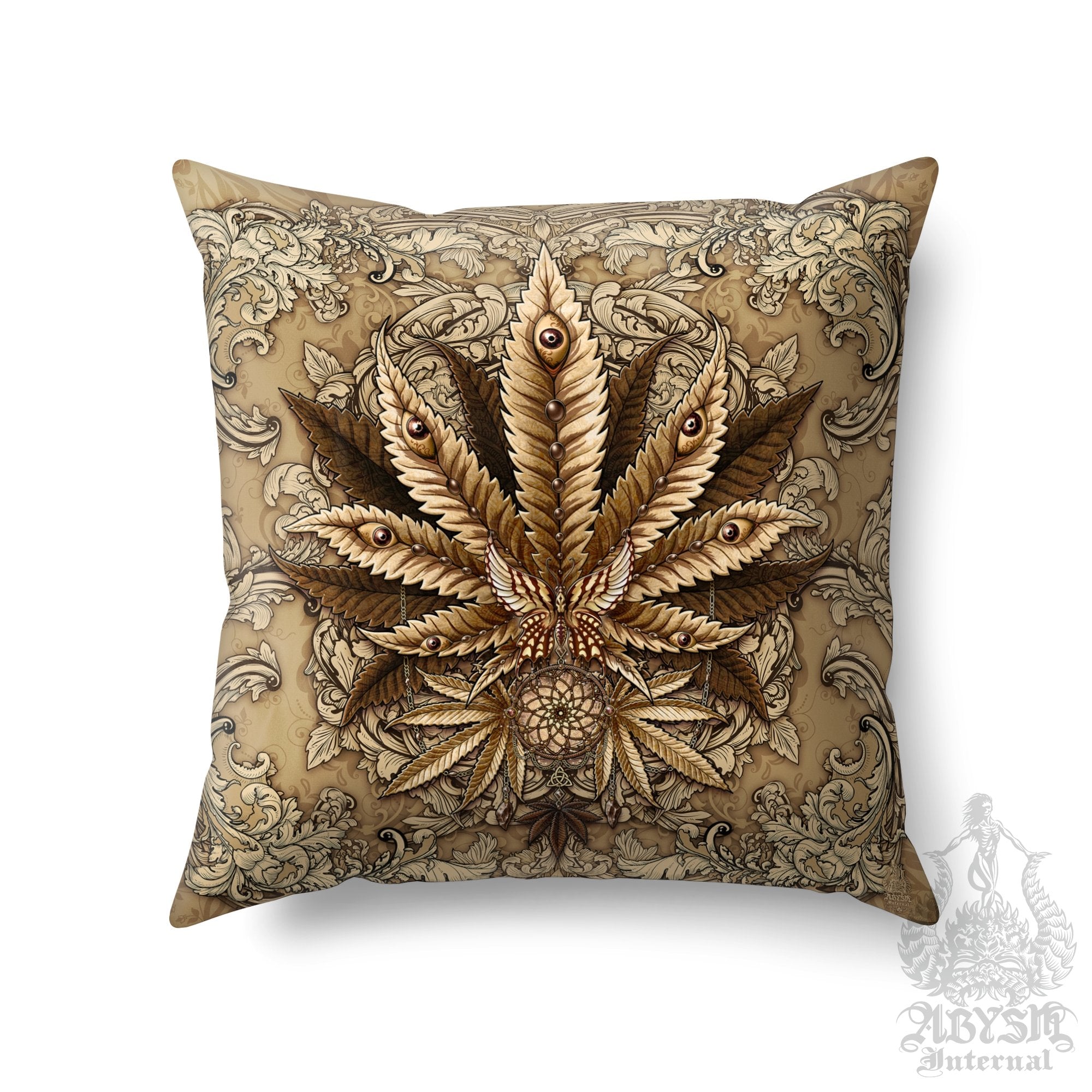 Weed Throw Pillow, Cannabis Shop Decor, Indie Decorative Accent Cushion, Hippie Room Decor, 420 Art Print - Cream - Abysm Internal