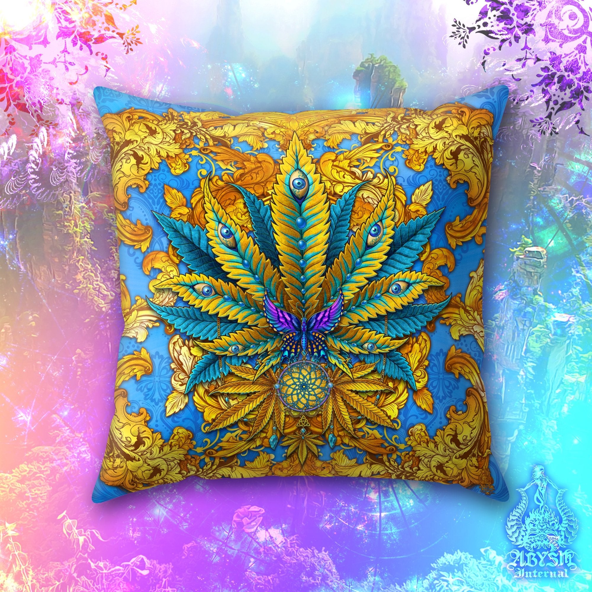 Weed Throw Pillow, Cannabis Shop Decor, Indie Decorative Accent Cushion, Hippie Room Decor, 420 Art Print - Cyan and Gold - Abysm Internal