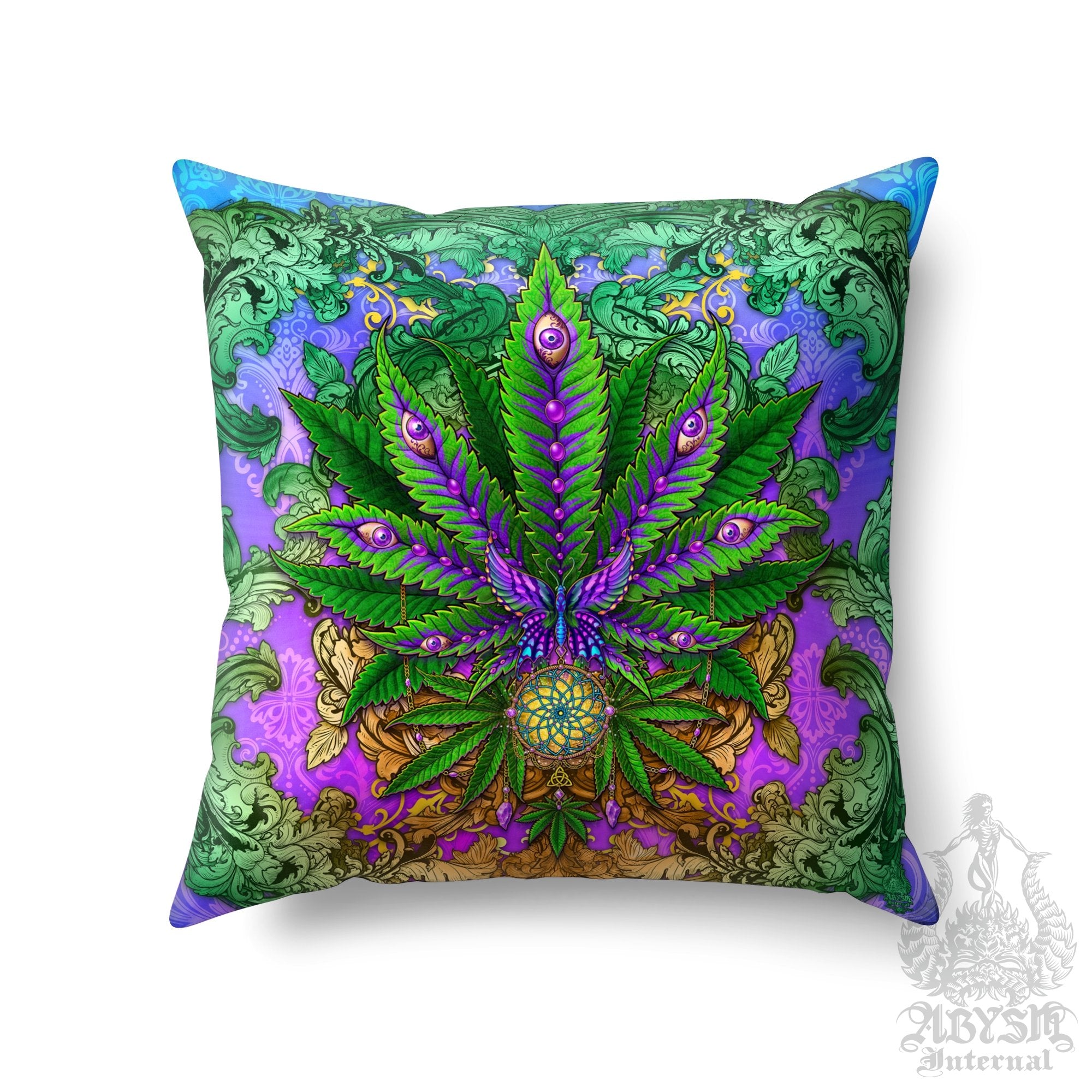 Weed Throw Pillow, Cannabis Shop Decor, Indie Decorative Accent Cushion, Hippie Room Decor, 420 Art Print - Nature - Abysm Internal