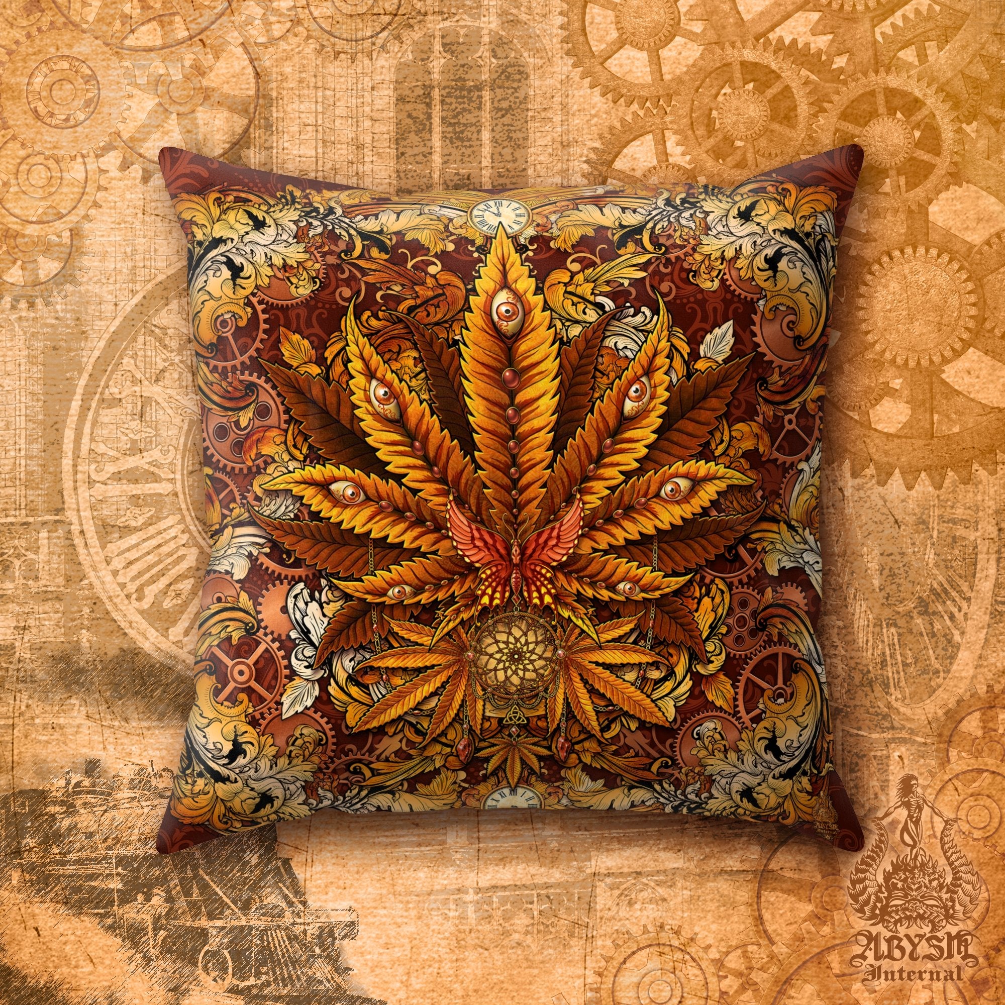 Weed Throw Pillow, Cannabis Shop Decor, Indie Decorative Accent Cushion, Hippie Room Decor, 420 Art Print - Steampunk - Abysm Internal