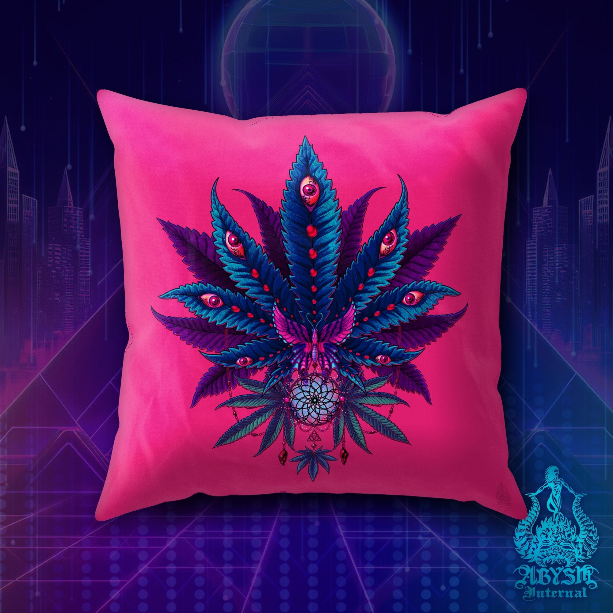 Weed Throw Pillow, Cannabis Shop Decor, Vaporwave Decorative Accent Cushion, Retrowave 80s Room Decor, Synthwave and Psychedelic 420 Art Print - Neon I - Abysm Internal