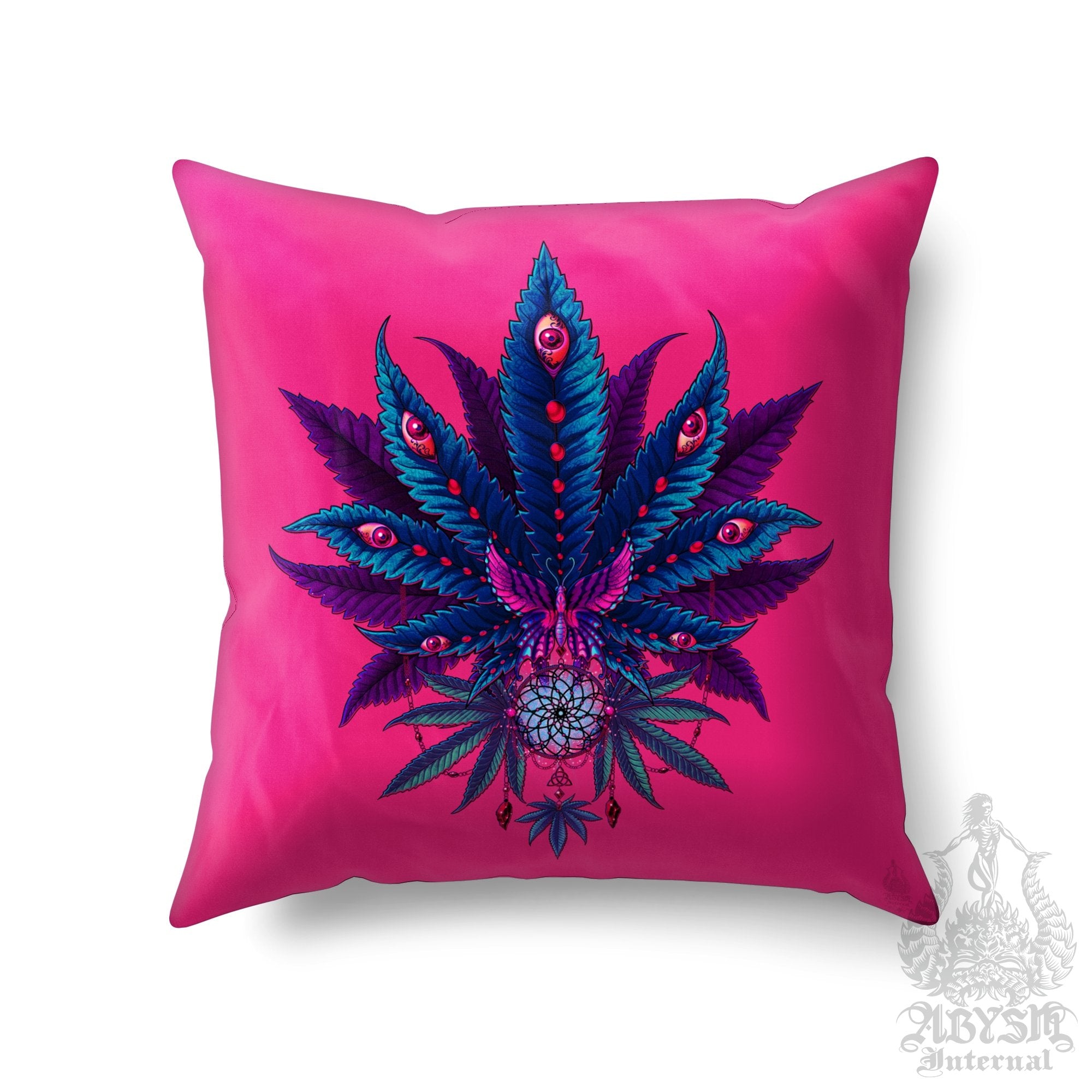 Weed Throw Pillow, Cannabis Shop Decor, Vaporwave Decorative Accent Cushion, Retrowave 80s Room Decor, Synthwave and Psychedelic 420 Art Print - Neon I - Abysm Internal