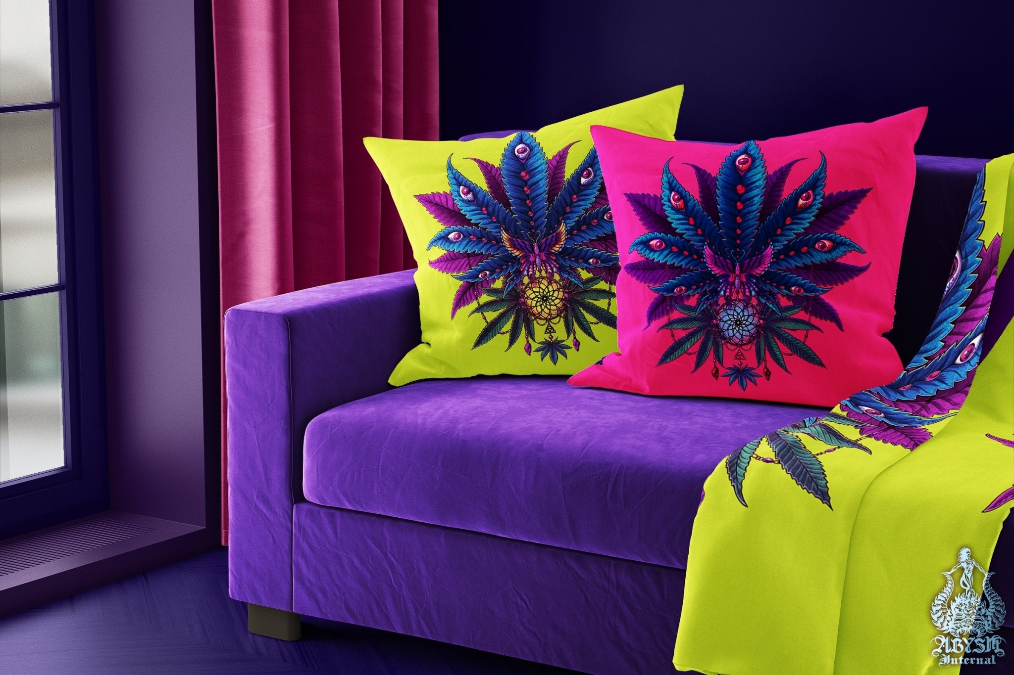 Weed Throw Pillow, Cannabis Shop Decor, Vaporwave Decorative Accent Cushion, Retrowave 80s Room Decor, Synthwave and Psychedelic 420 Art Print - Neon II - Abysm Internal