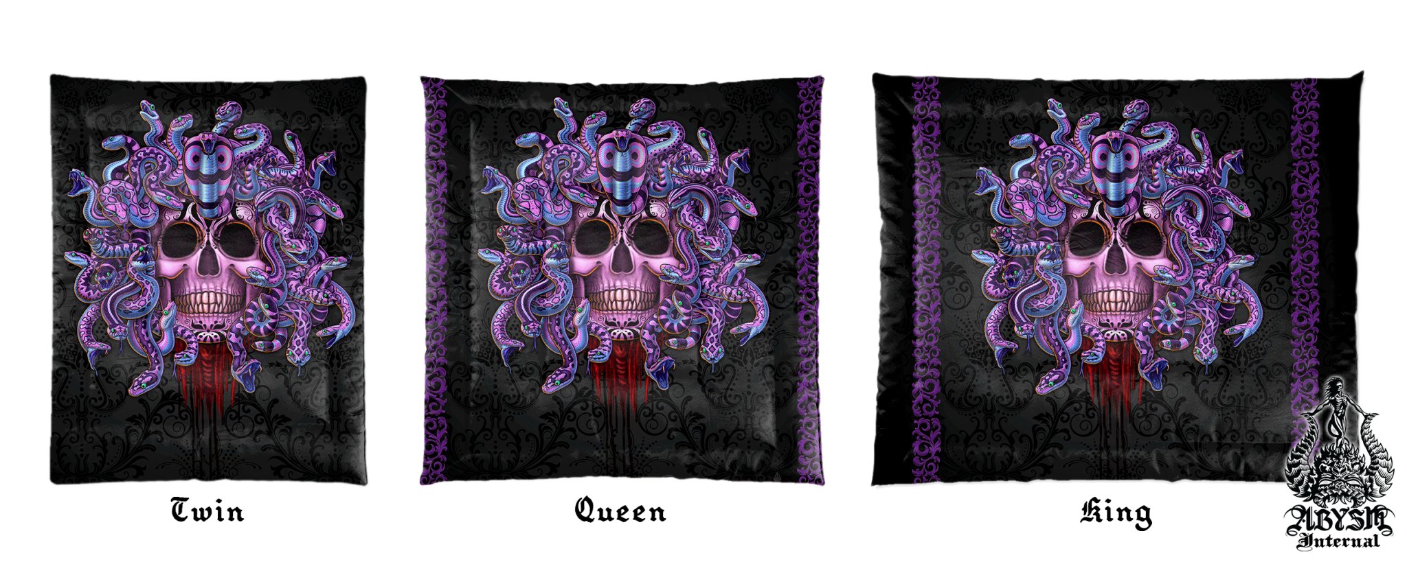 Whimsigoth Bedding Set, Comforter or Duvet, Gothic Bed Cover, Pastel Goth Bedroom Decor, King, Queen & Twin Size - Black and Purple Medusa, 2 Faces - Abysm Internal