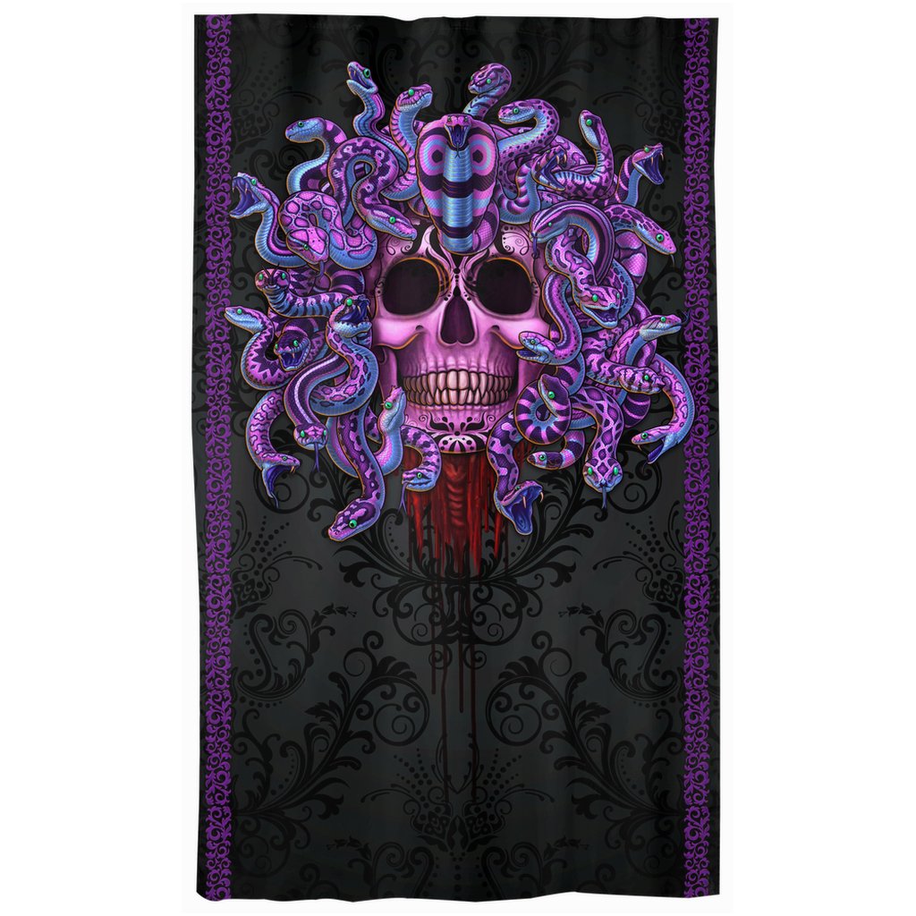 Whimsigoth Curtains, 50x84' Printed Window Panels, Black and Purple Home Decor, Pastel Goth Art Print - Medusa Skull, 2 Faces - Abysm Internal