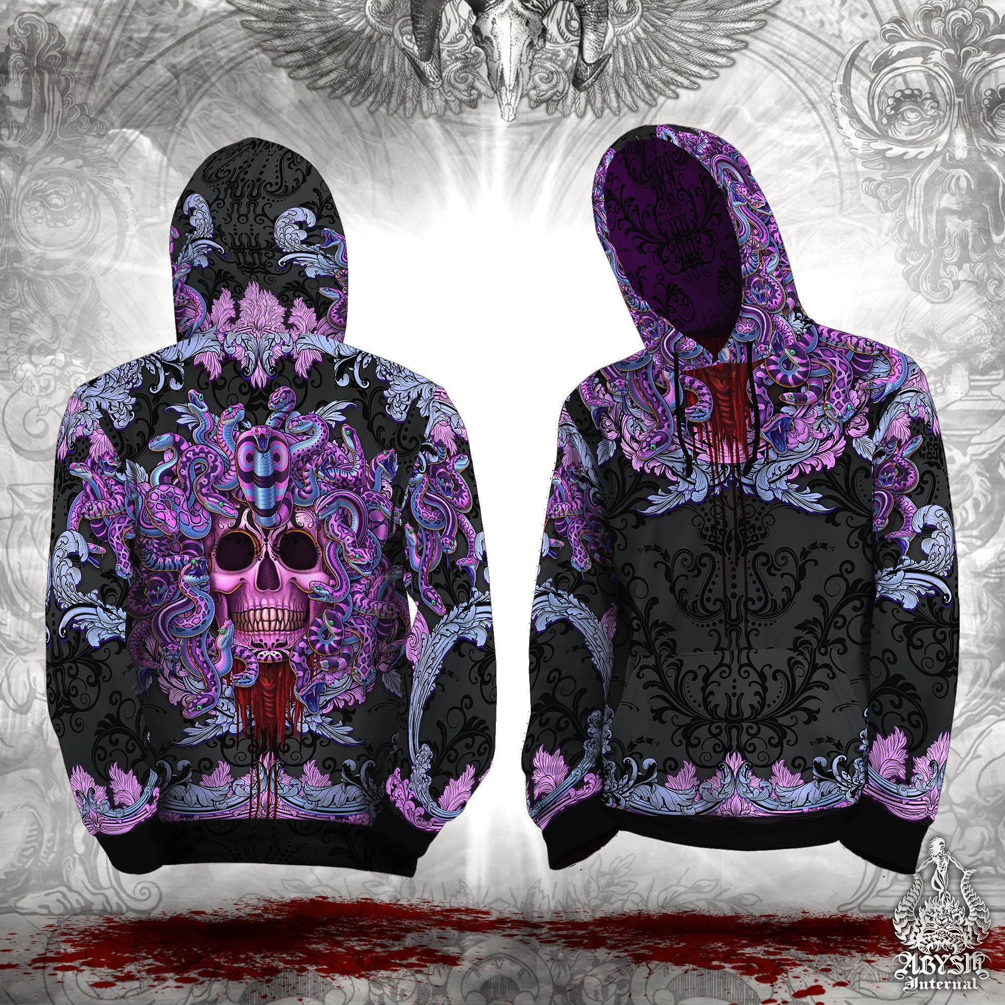 Whimsigoth Hoodie, Rave Streetwear, Skater Sweater, Pastel Goth Pullover, Trippy Outfit, Alternative Clothing, Unisex - Medusa Skull, Black and Purple, 2 Faces - Abysm Internal