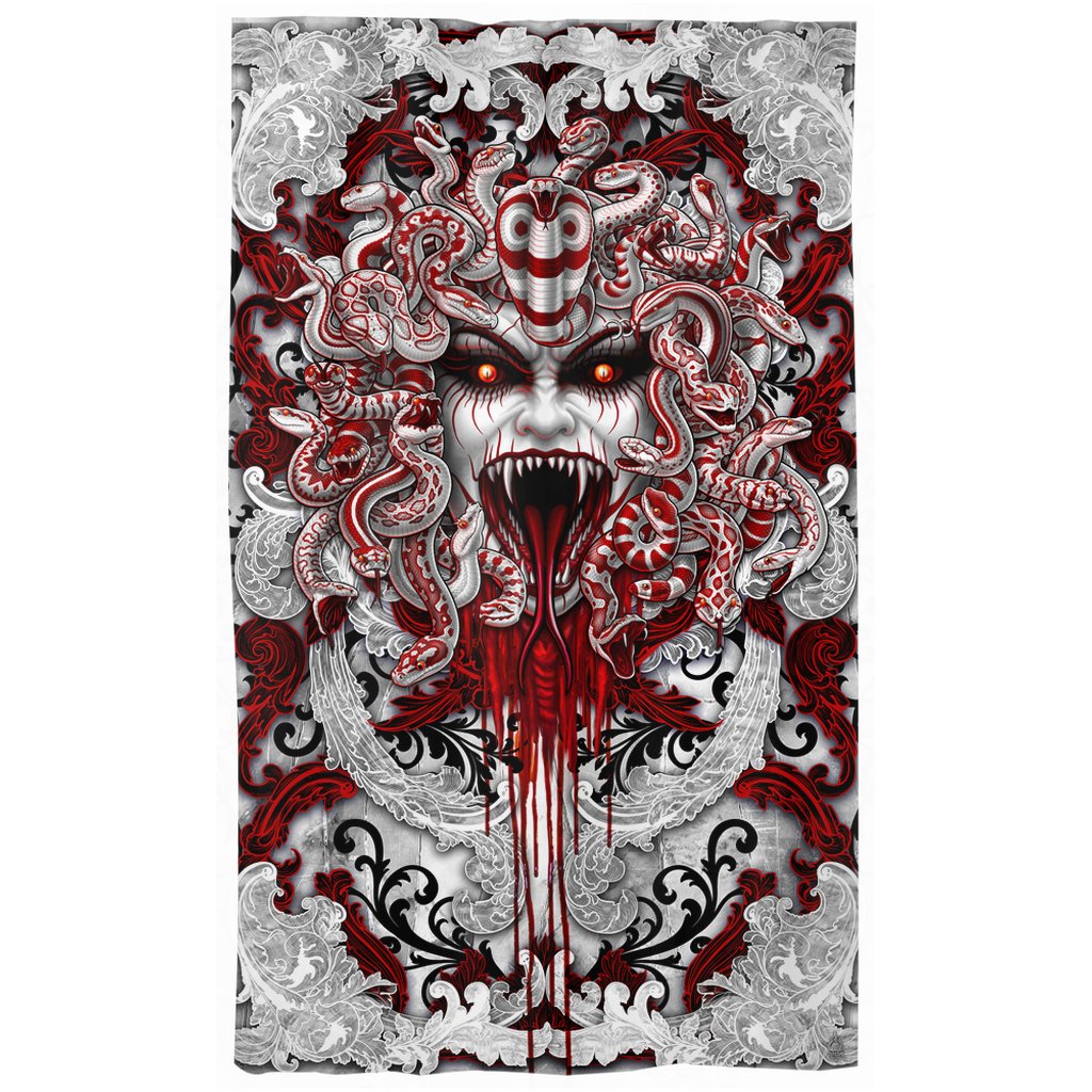 White and Red Curtains, 50x84' Printed Window Panels, Gothic Home Decor, Horror Print, Skull Art - Bloody Medusa, 4 Faces - Abysm Internal