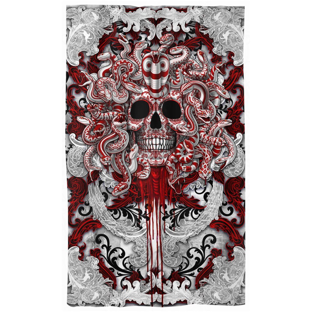 White and Red Curtains, 50x84' Printed Window Panels, Gothic Home Decor, Horror Print, Skull Art - Bloody Medusa, 4 Faces - Abysm Internal
